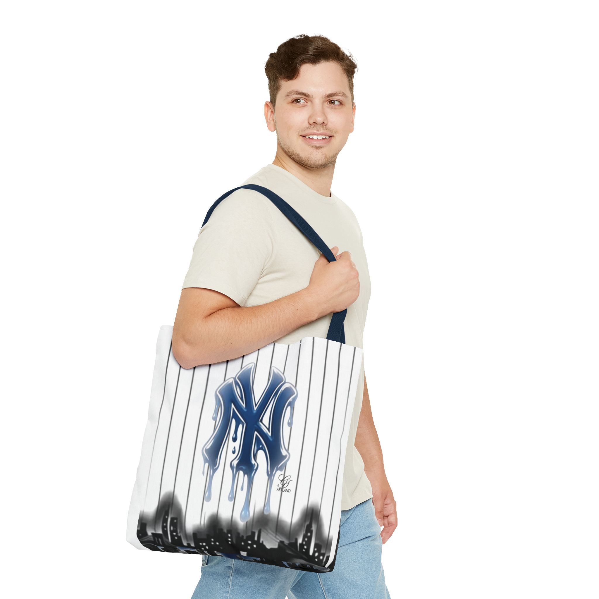 Drip NY Fan Gear Logo Pinstripe Tote Bag — Urban Baseball Cityscape by GT Artland
