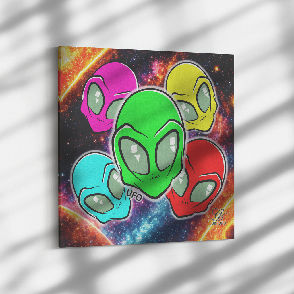 Rainbow Colorful UFO Alien Martian Head Collage Square Canvas Wrap by GT Artland