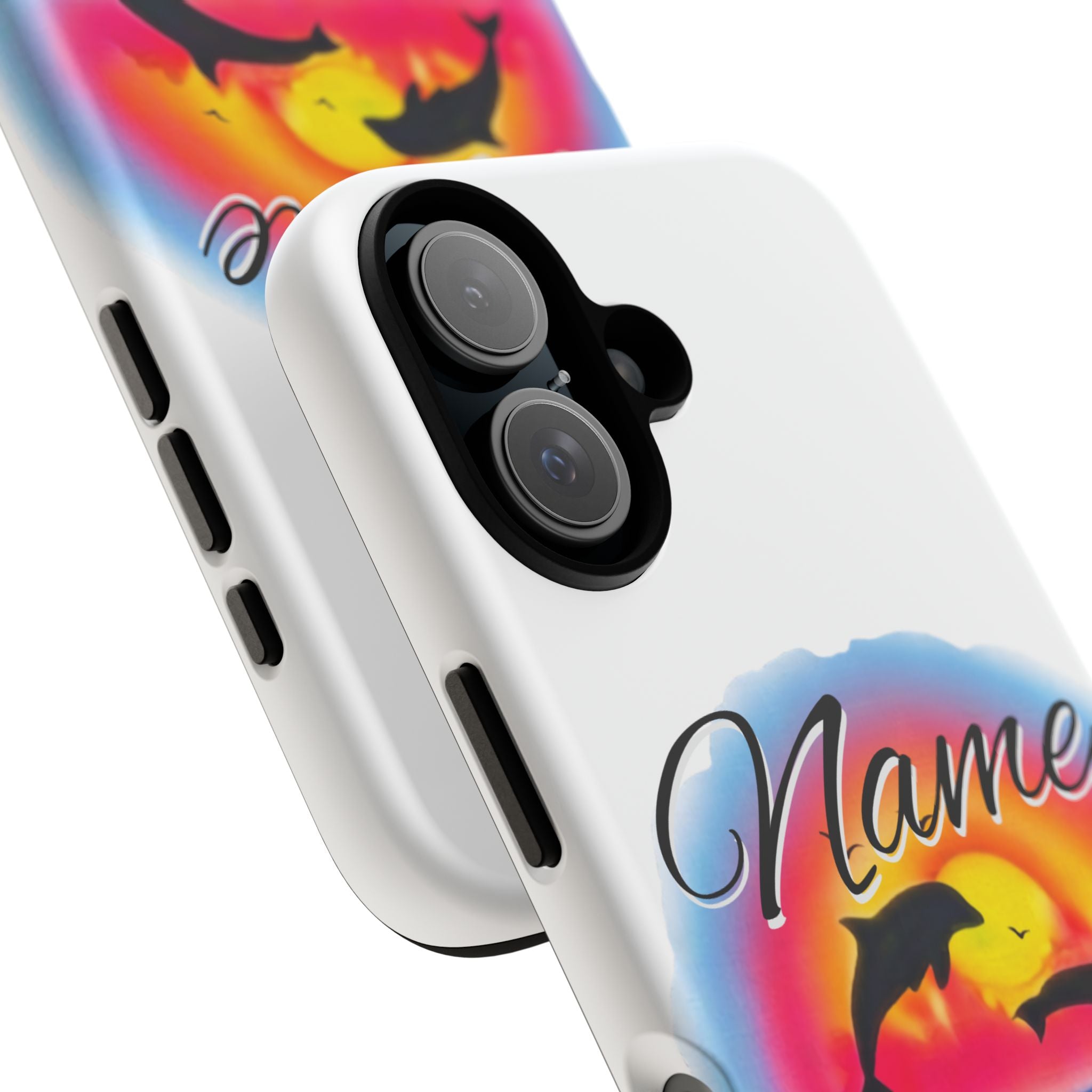 Dolphin Sunset Name Phone Case | Personalized Tough Case, Floral Beach Design by GT Artland