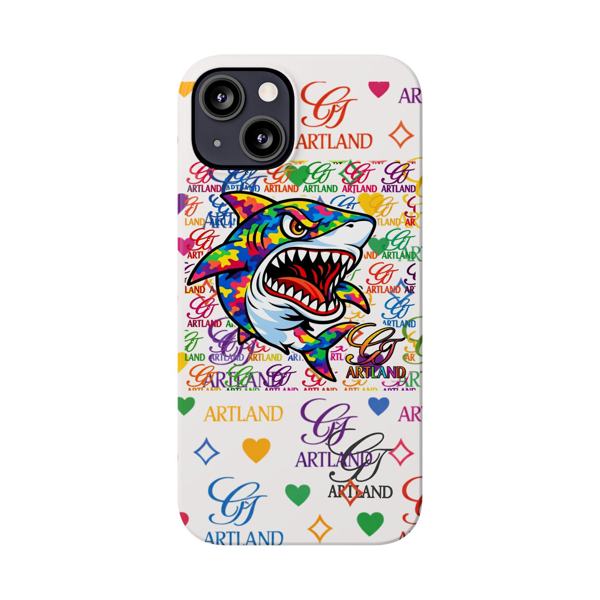 Colorful Designer Shark GT Illustration Slim Phone Case | Rainbow Logo Pattern by GT Artland