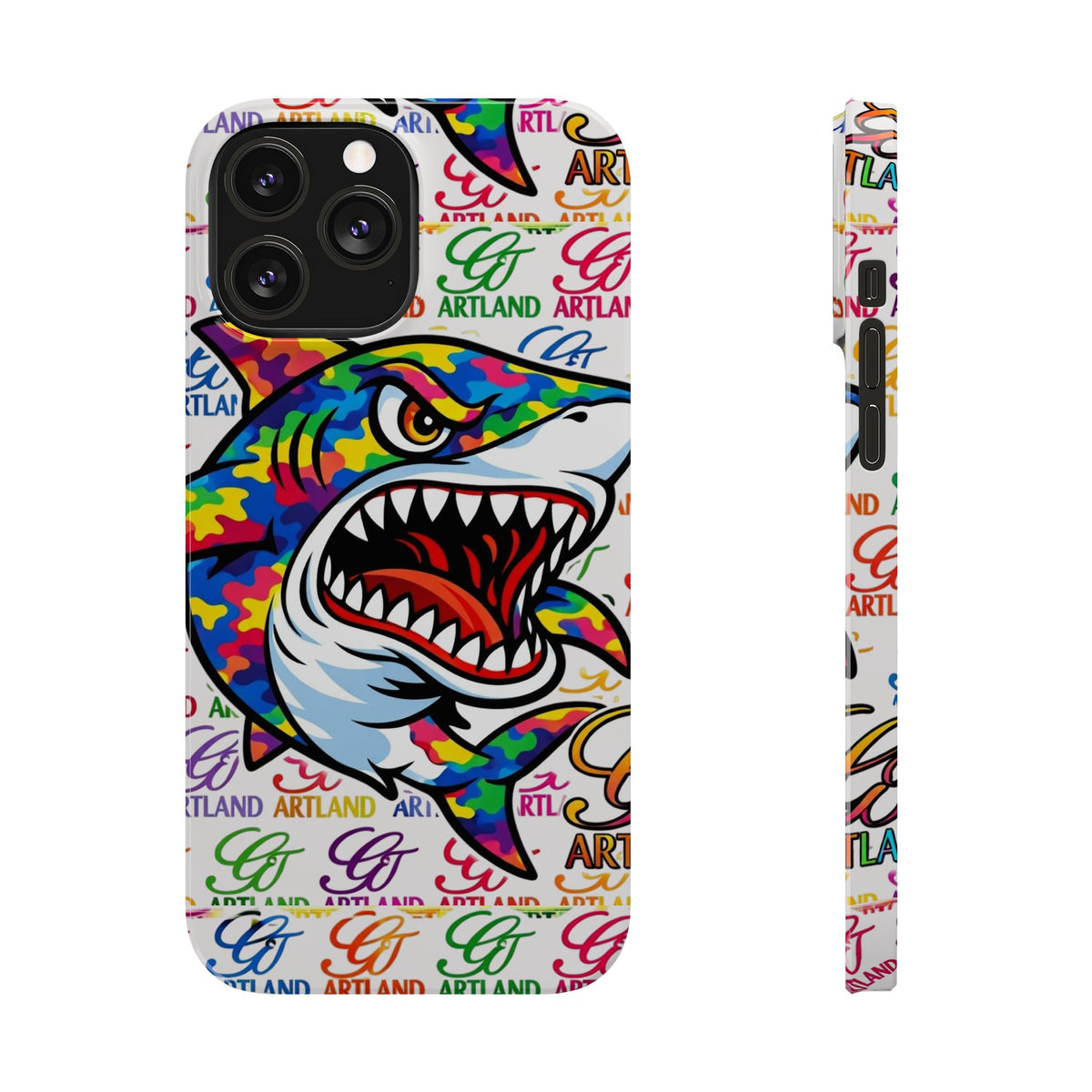 Colorful Camo Designer Shark GT Slim Phone Case | Vibrant Graphic, Artland Logo Background by GT Artland