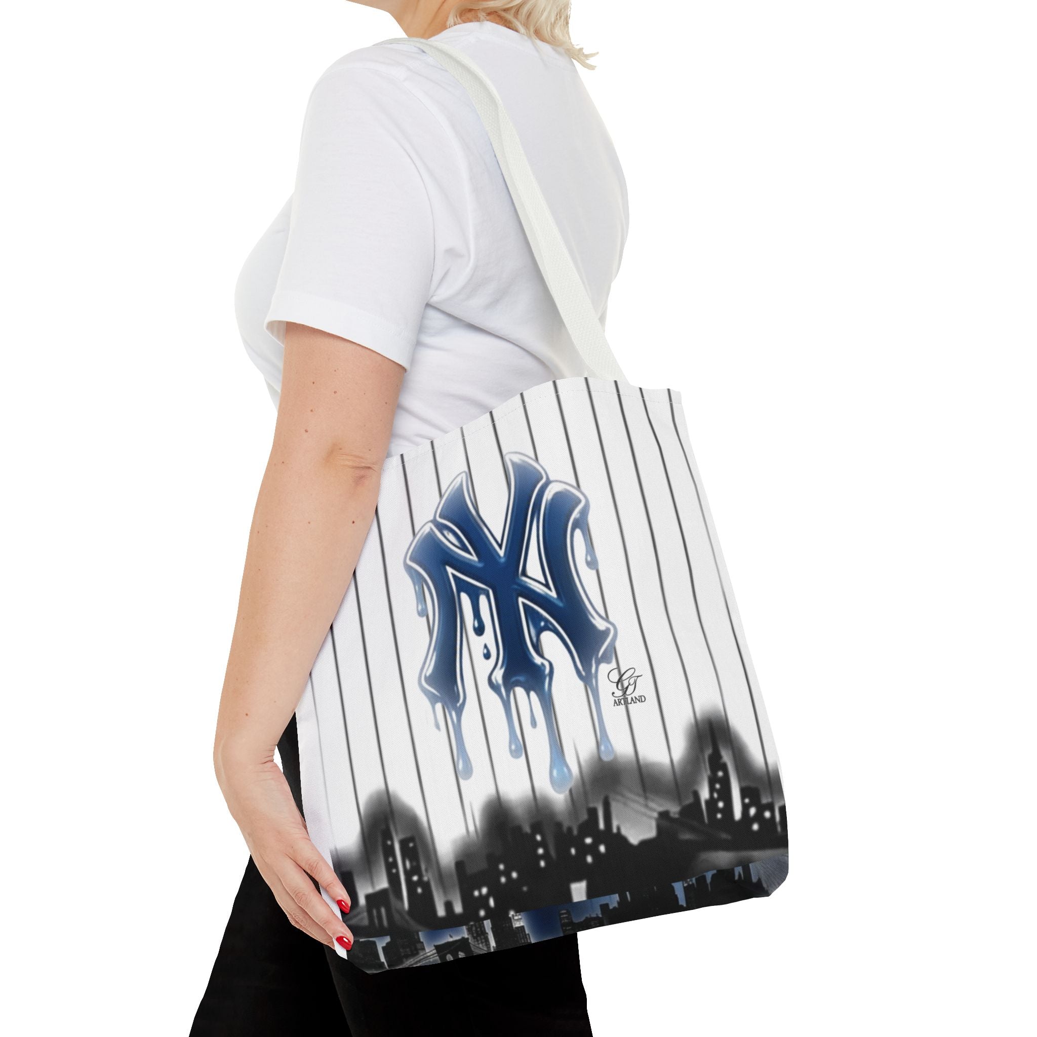 Drip NY Fan Gear Logo Pinstripe Tote Bag — Urban Baseball Cityscape by GT Artland