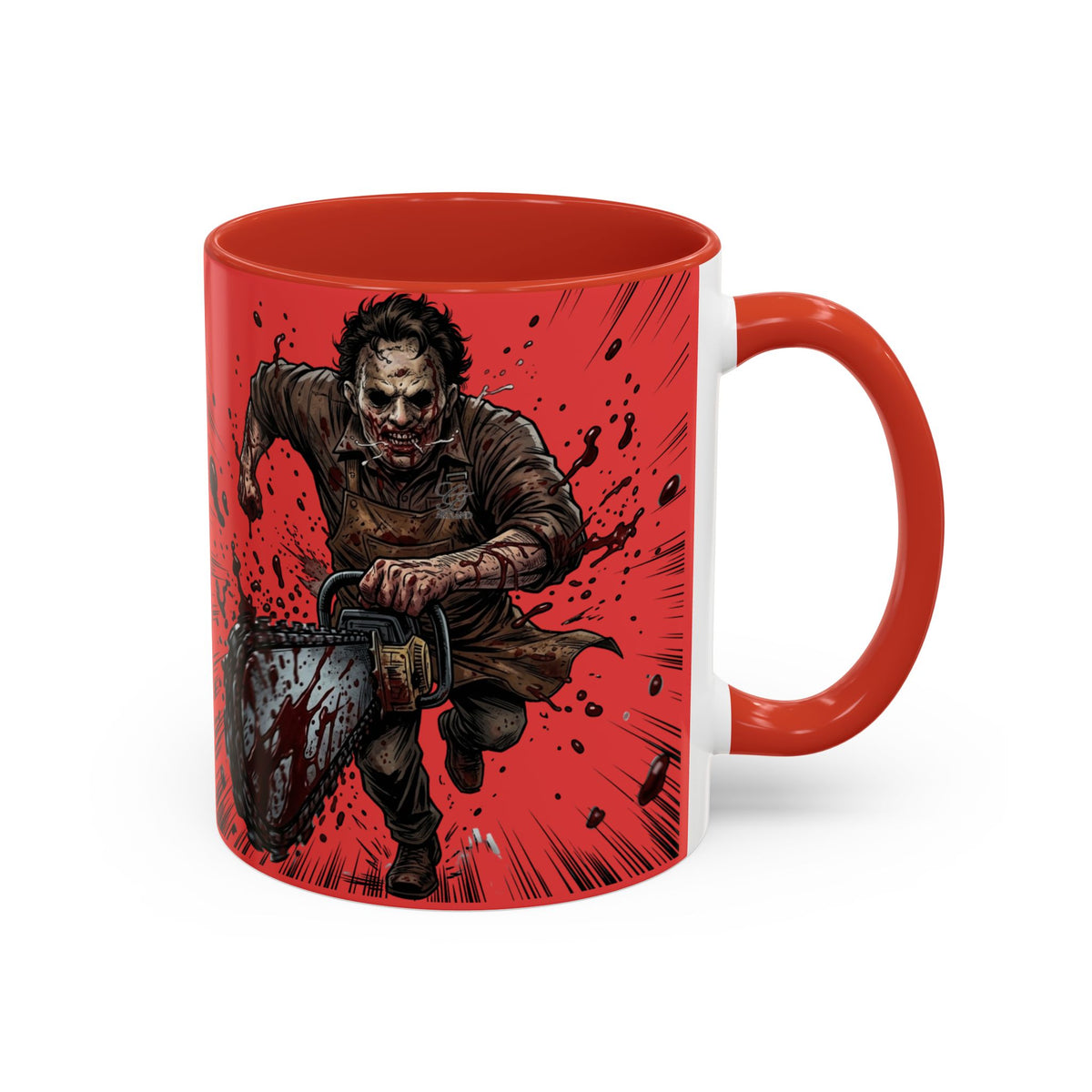 Chainsaw Killer Illustration Mug | Horror Red Accent Coffee Mug by GT Artland