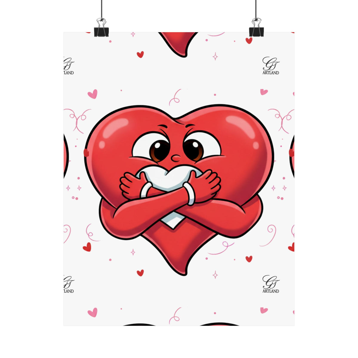 Valentine Hug Heart Matte Poster — Cute Cartoon Heart Embrace Wall Art by GT Artland