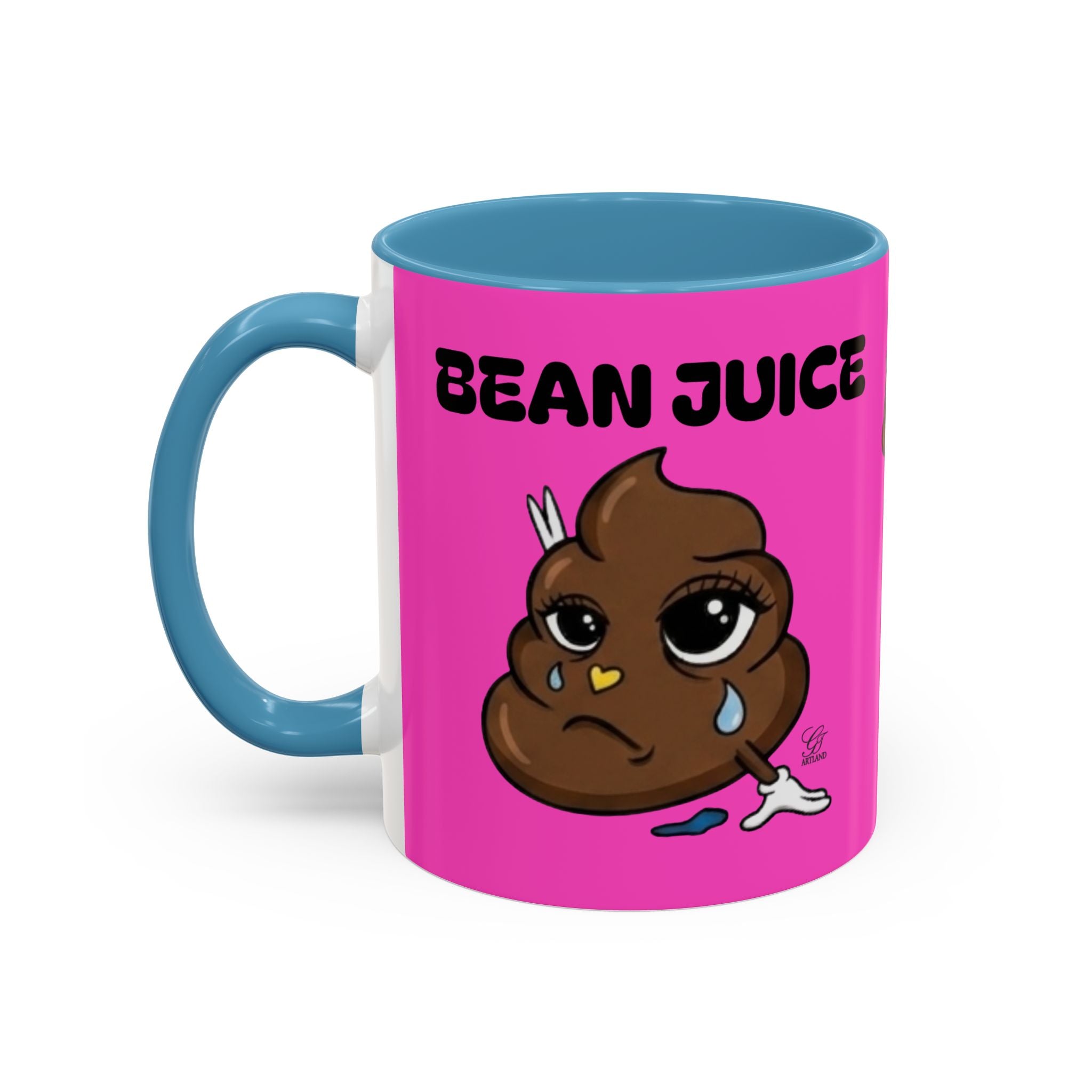 Bean Juice Coffee Mug — Funny Pink Accent Mug with Cute Poop Emoji Design (11/15oz) by GT Artland