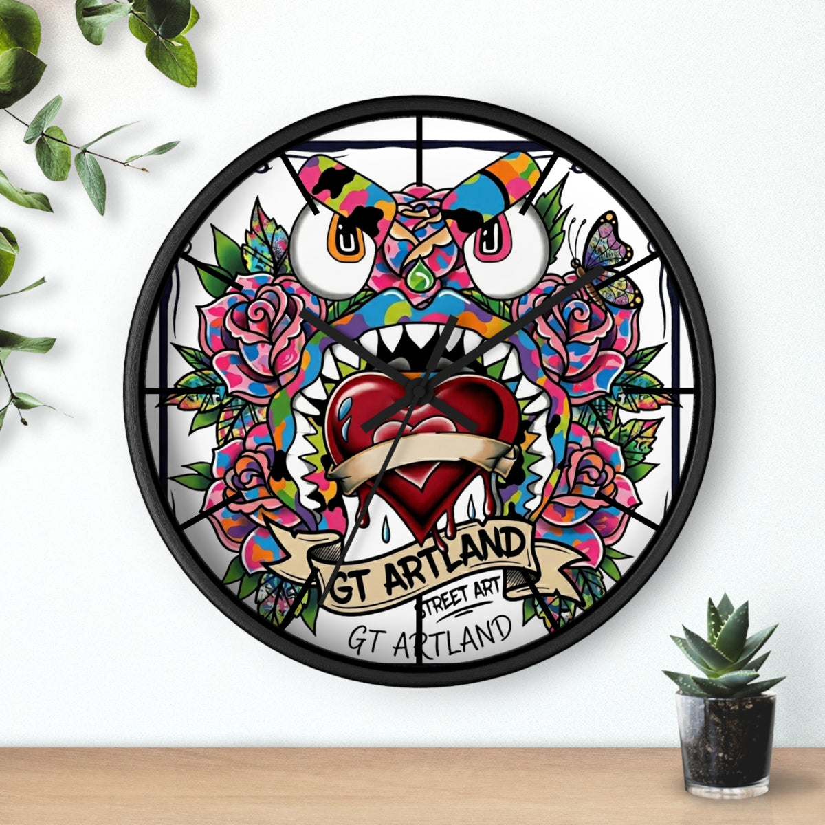 Colorful Tattoo Heart Monster Wall Clock by GT Artland
