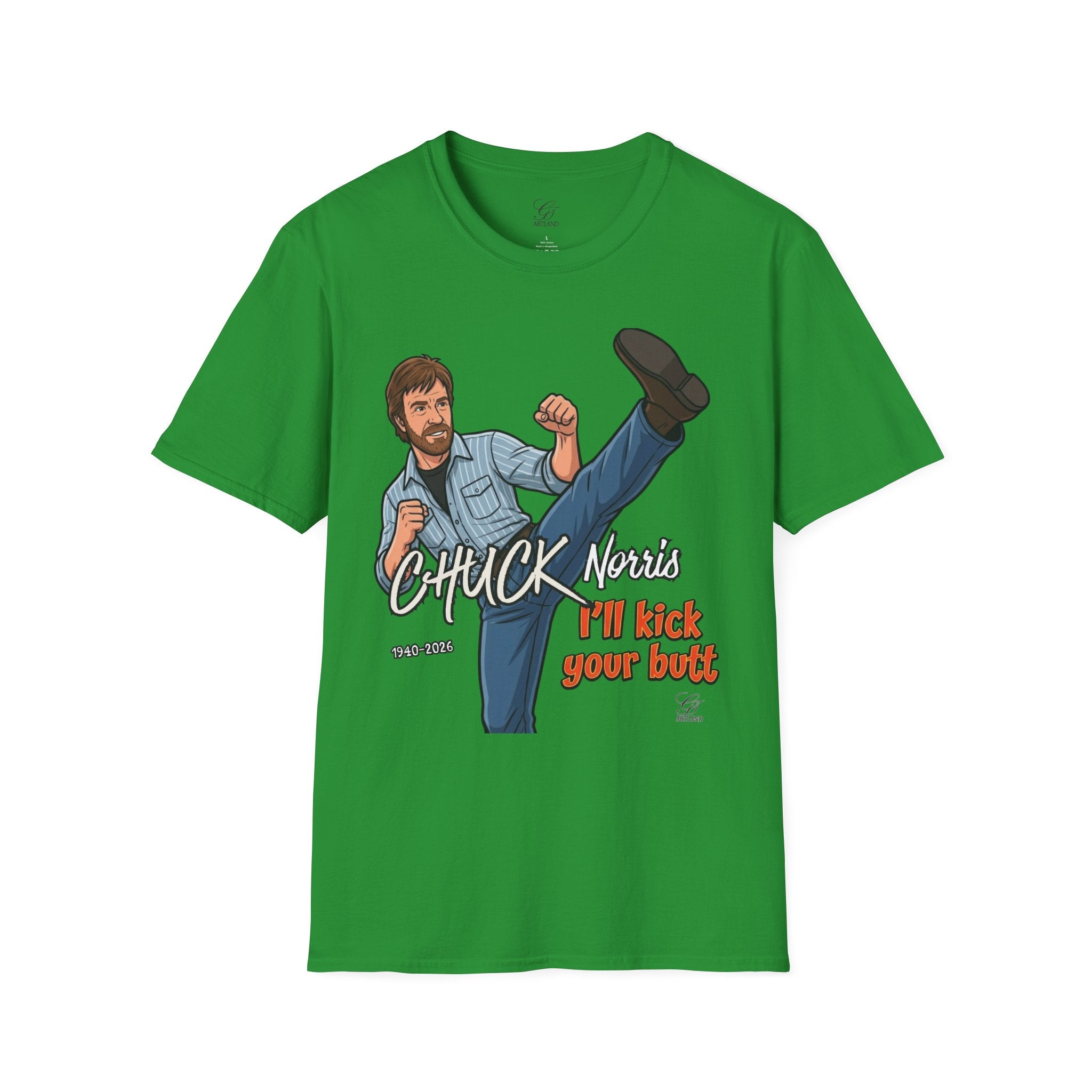 Chuck Norris Kick Illustration T-Shirt | I'll Kick Your Butt text by GT Artland