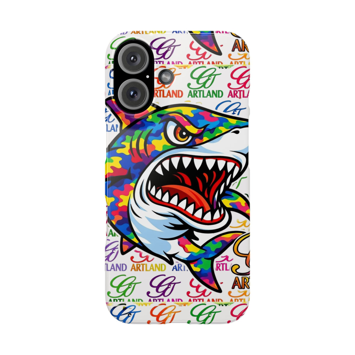 Colorful Camo Designer Shark GT Slim Phone Case | Vibrant Graphic, Artland Logo Background by GT Artland