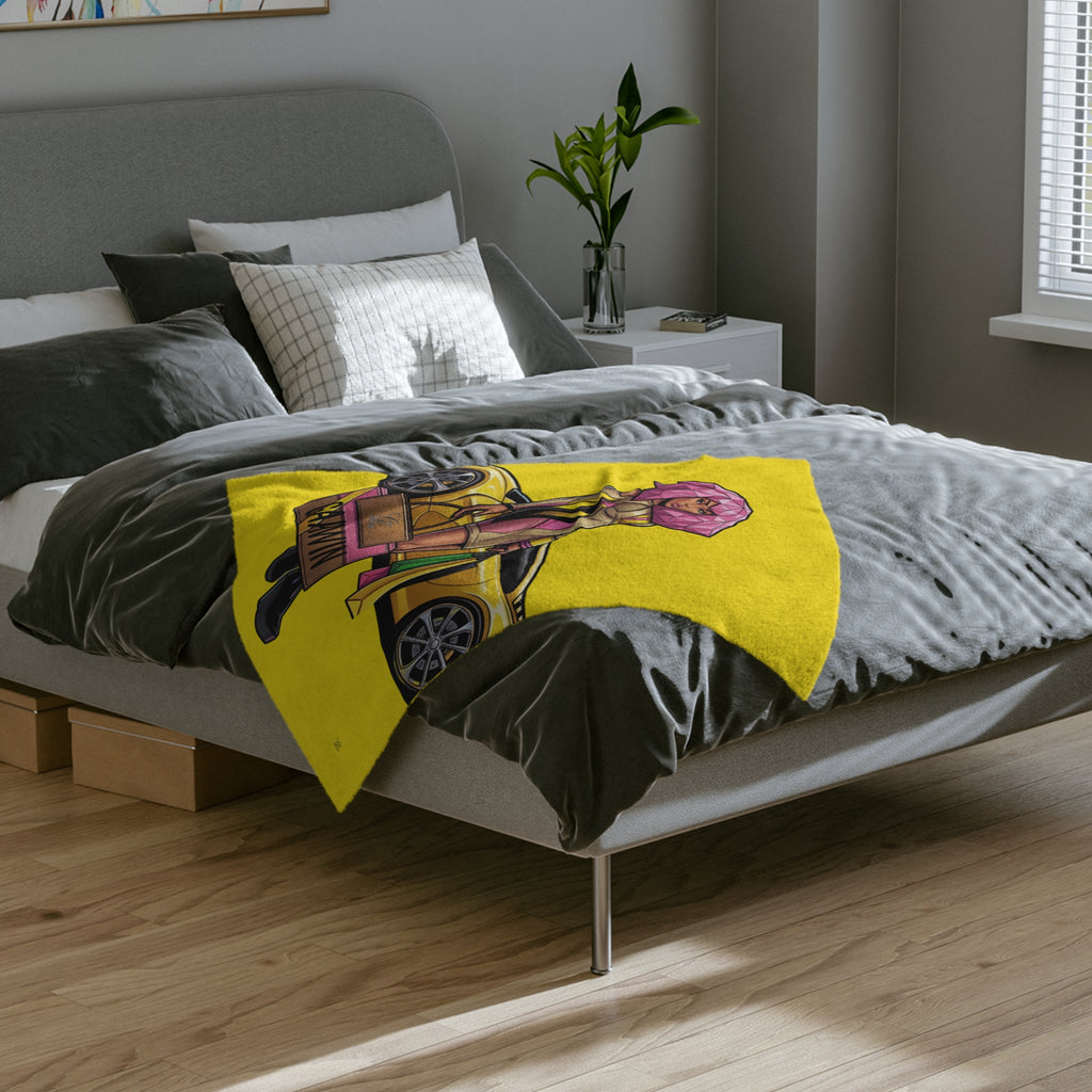 Pink Hair Vixen Fashion Queen Velveteen  Yellow Blanket | Trail Running Design by GT Artland