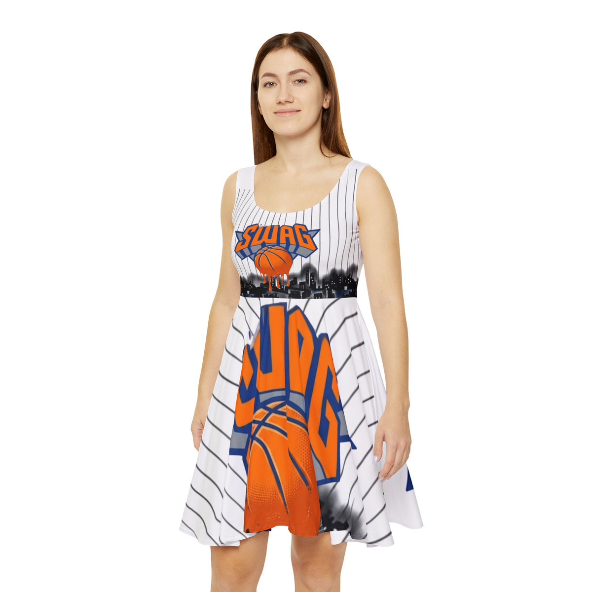 SWAG Basketball Graphic Skater Dress | Orange Blue Streetwear Print by GT Artland