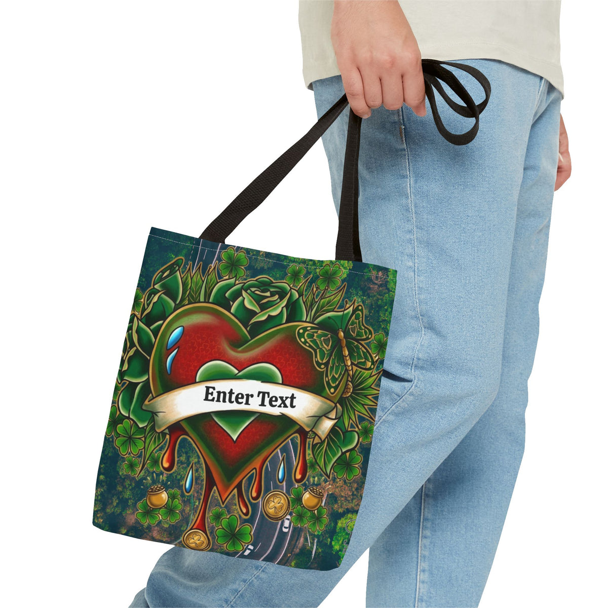 "Lucky Art" Tattoo Heart Urban Shamrock "Custom Text" Nature Splash St. Patrick Theme Designer Tote Bag by GT Artland