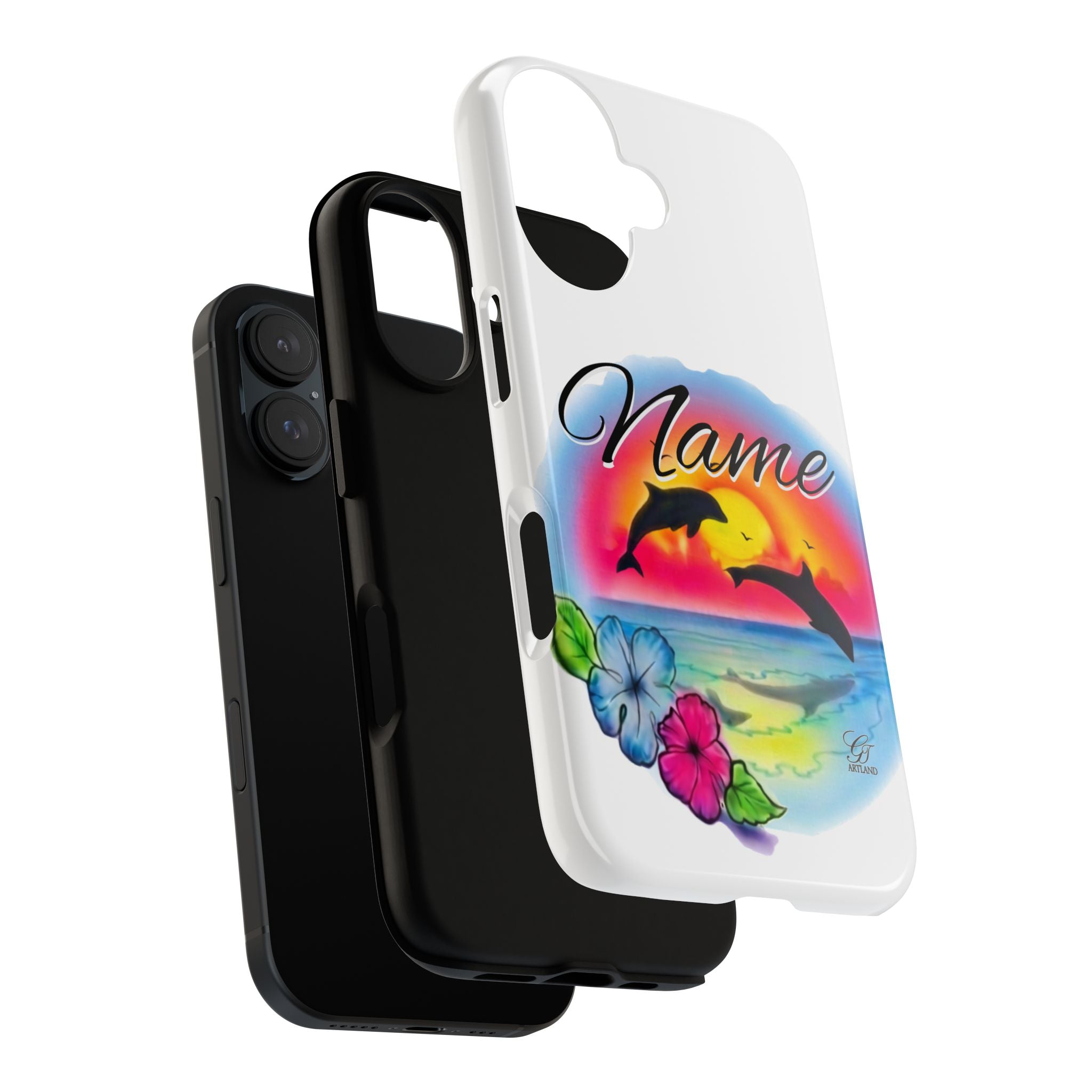 Dolphin Sunset Name Phone Case | Personalized Tough Case, Floral Beach Design by GT Artland