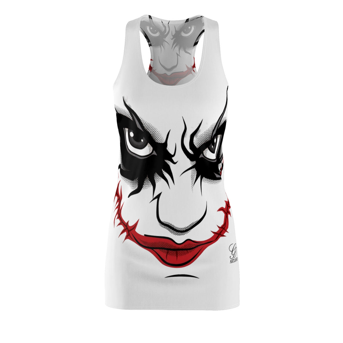 Evil Clown Face Black Smudge Red Lipstick Designer Airbrush Racerback Dress by GT Artland