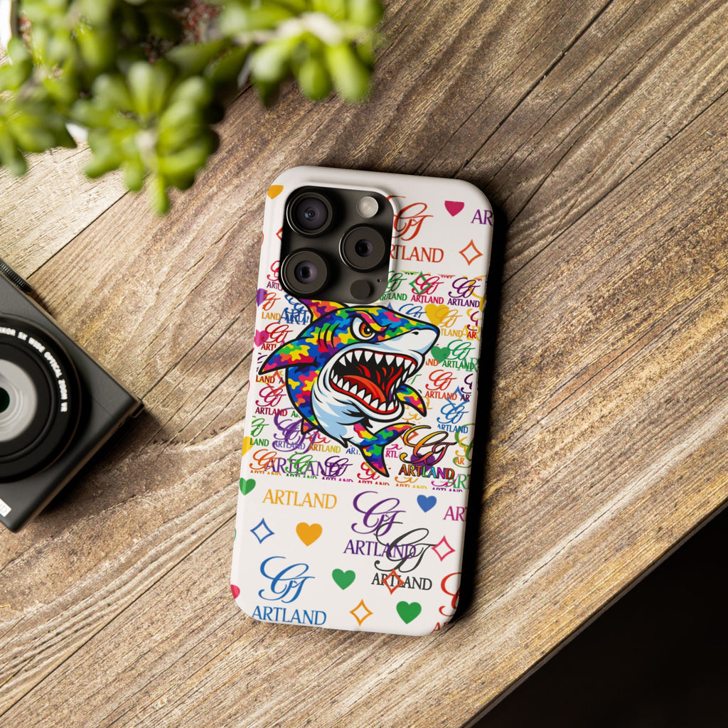 Colorful Designer Shark GT Illustration Slim Phone Case | Rainbow Logo Pattern by GT Artland