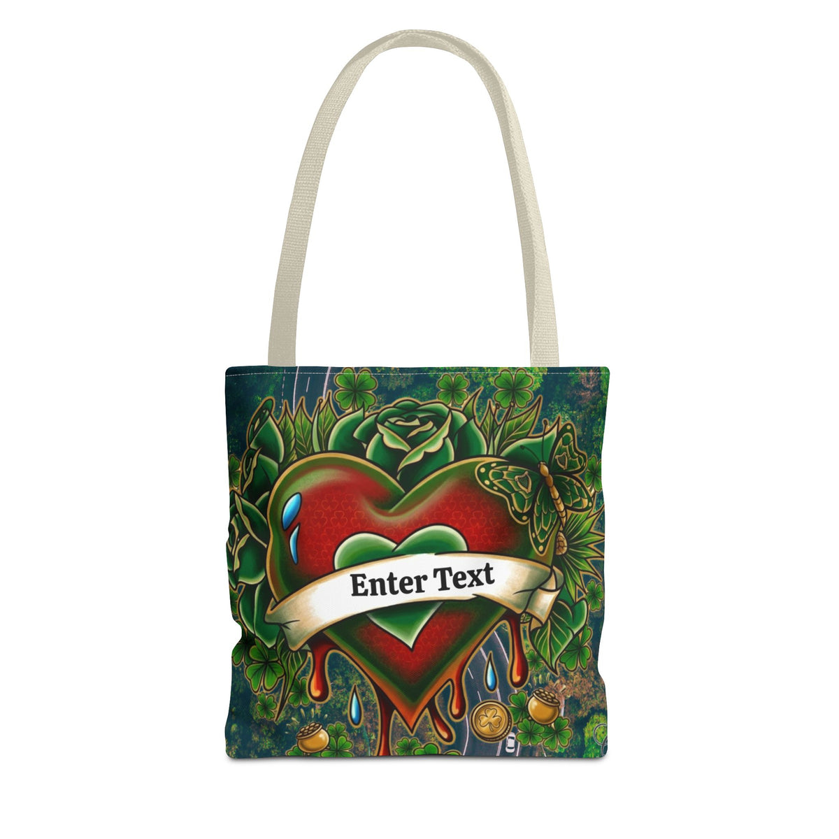 "Lucky Art" Tattoo Heart Urban Shamrock "Custom Text" Nature Splash St. Patrick Theme Designer Tote Bag by GT Artland