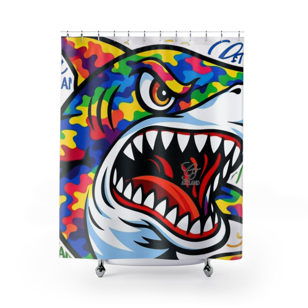 Colorful Camouflage Designer Killa Shark GT Shower Curtain | Bold Ocean Art, Whale Shark Print by GT Artland