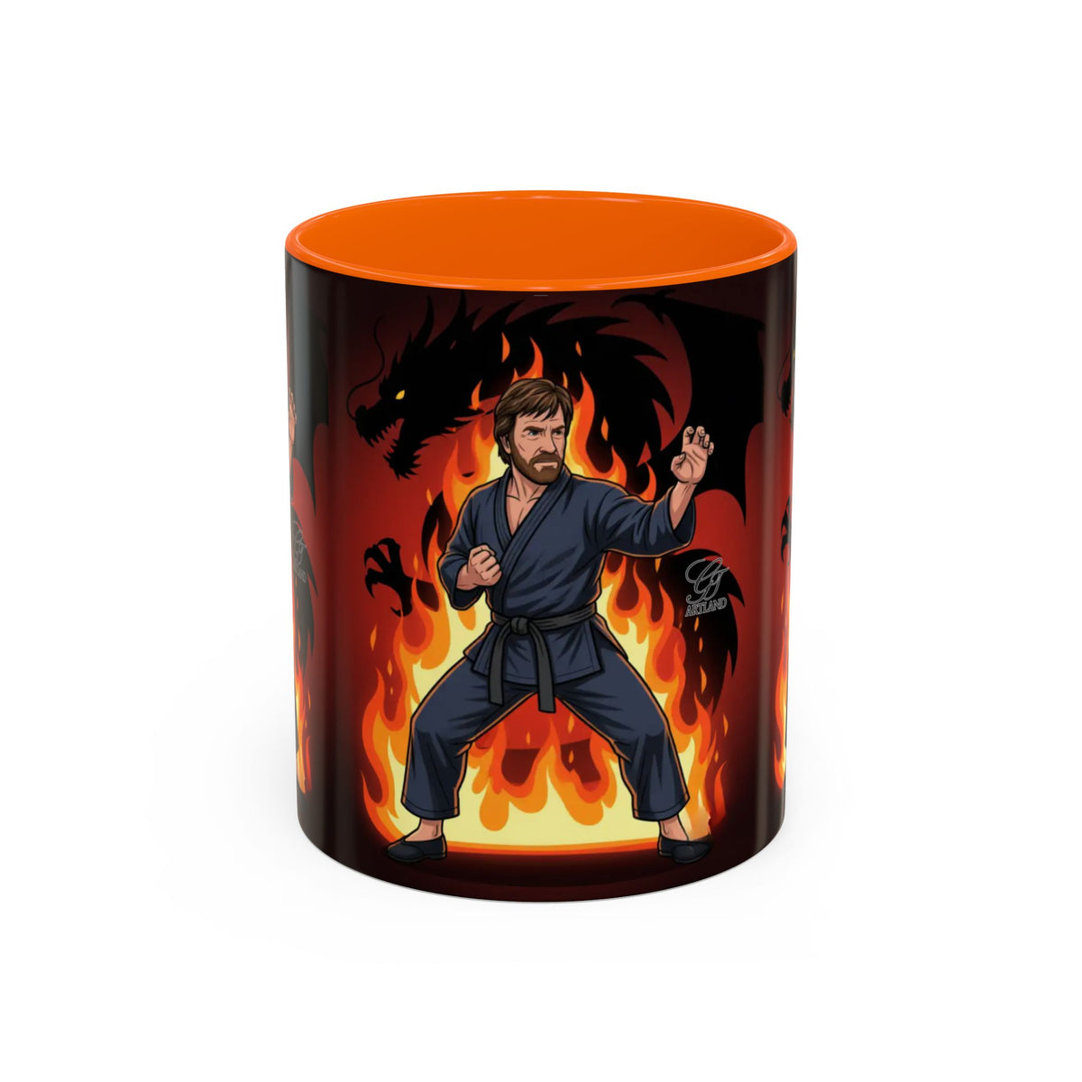 Martial Artist Chuck Norris with Dragon Flames Mug | Accent Coffee Mug 11oz/15oz by GT Artland