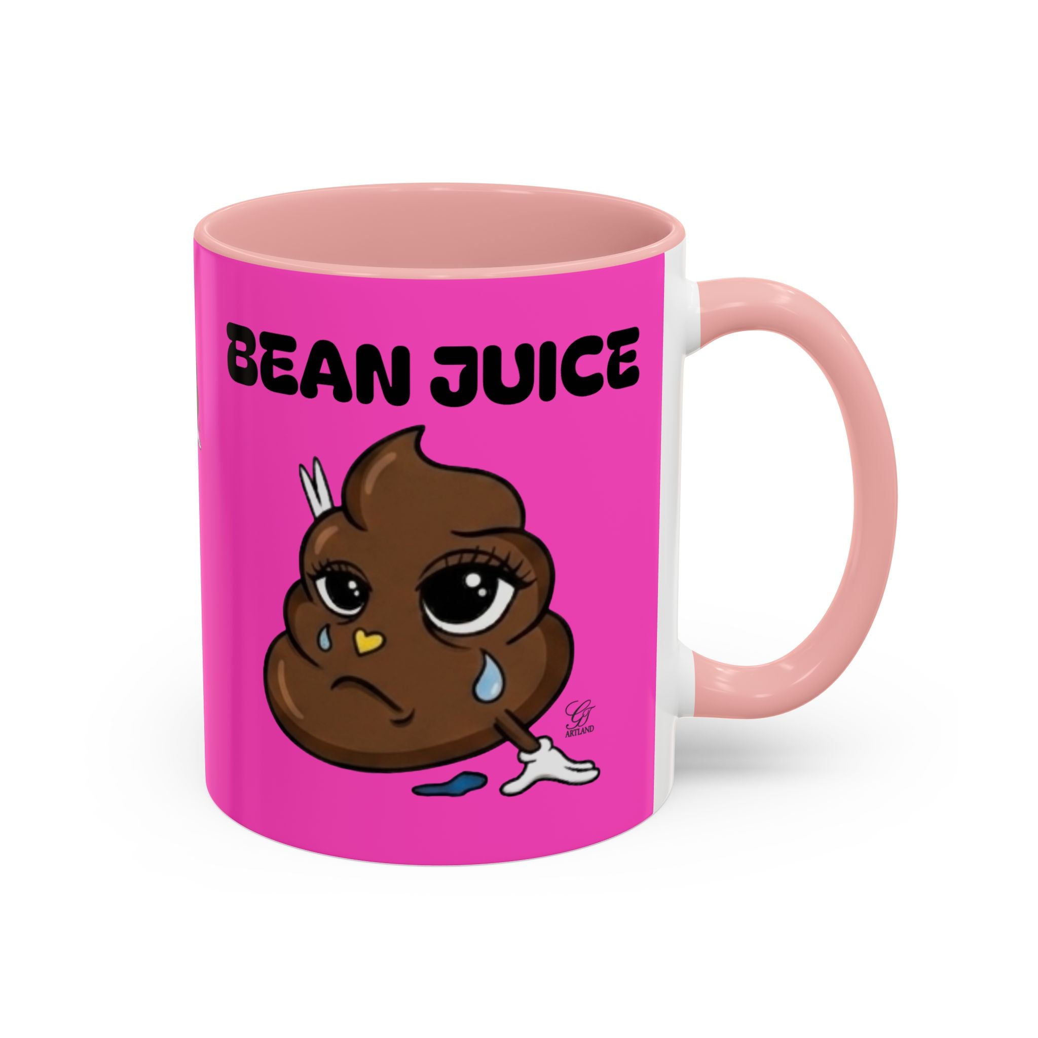 Bean Juice Coffee Mug — Funny Pink Accent Mug with Cute Poop Emoji Design (11/15oz) by GT Artland