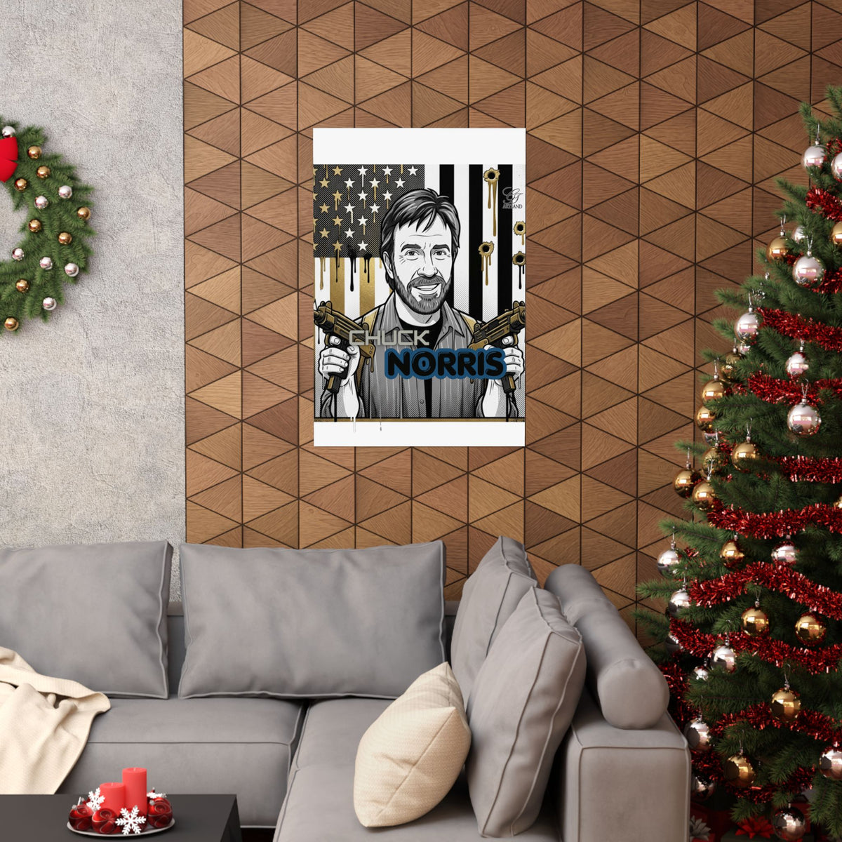 Action Hero Portrait Matte Vertical Poster | Retro Flag, Guns, Bullet Holes by GT Artland
