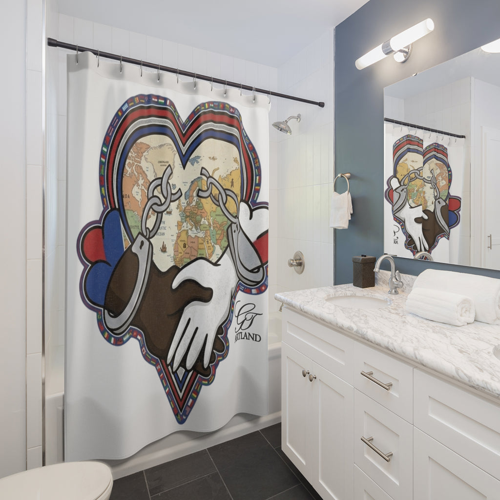 Interracial Unity Heart Shower Curtain | World Map, Broken Chains by GT Artland
