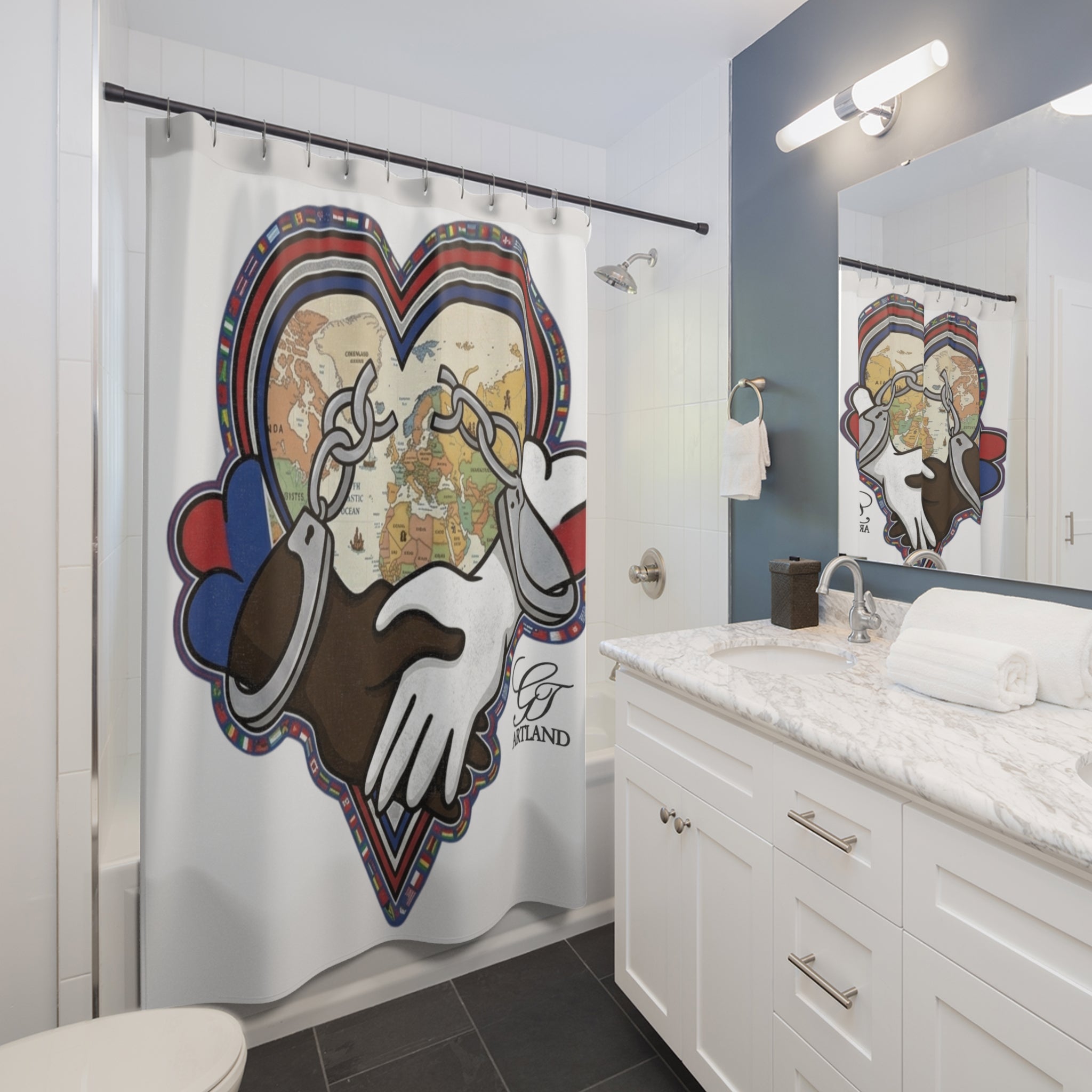 Interracial Unity Heart Shower Curtain | World Map, Broken Chains by GT Artland
