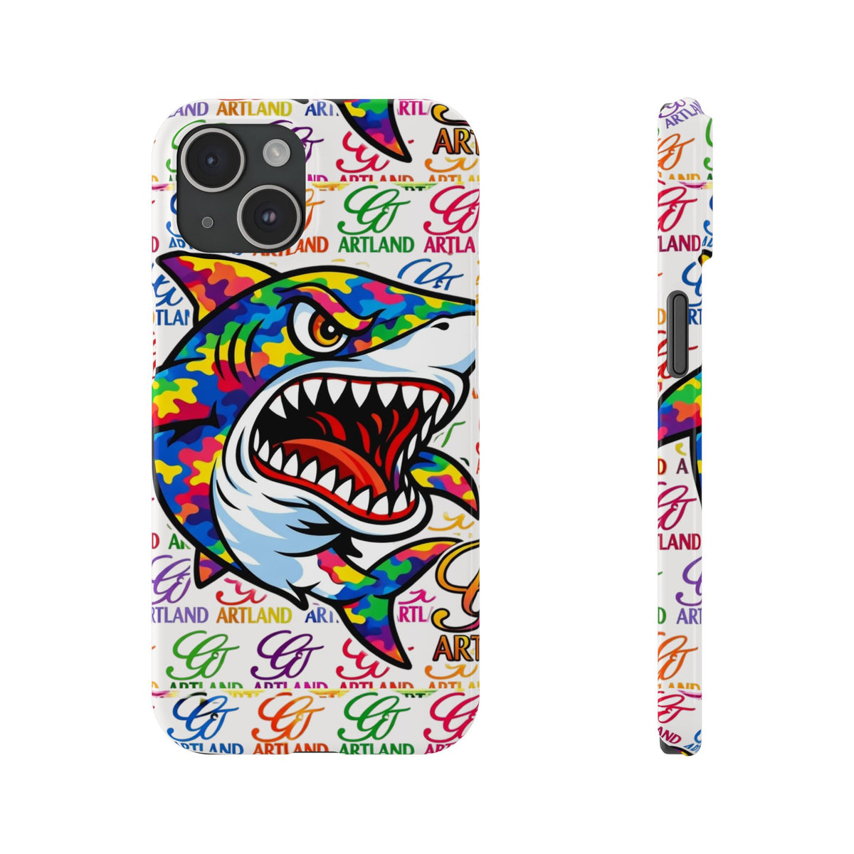 Colorful Camo Designer Shark GT Slim Phone Case | Vibrant Graphic, Artland Logo Background by GT Artland