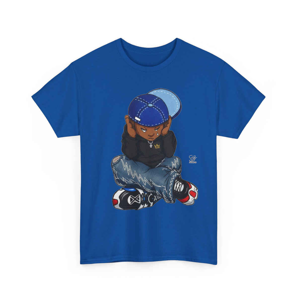 Ebony Sad Kid Illustration T-Shirt | Sitting Boy Graphic Tee b