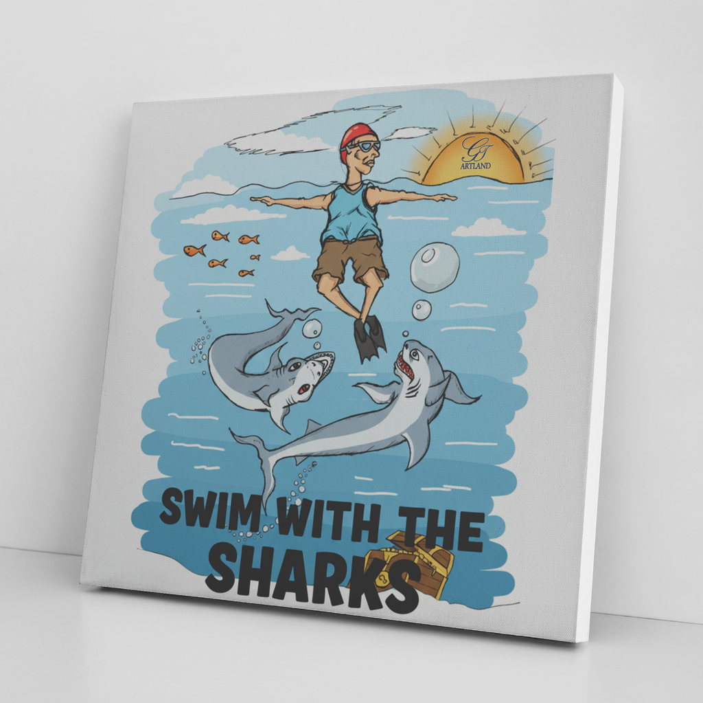 Swim With The Sharks "Humorous" Original Comic Style Square Canvas Wrap by GT Artland