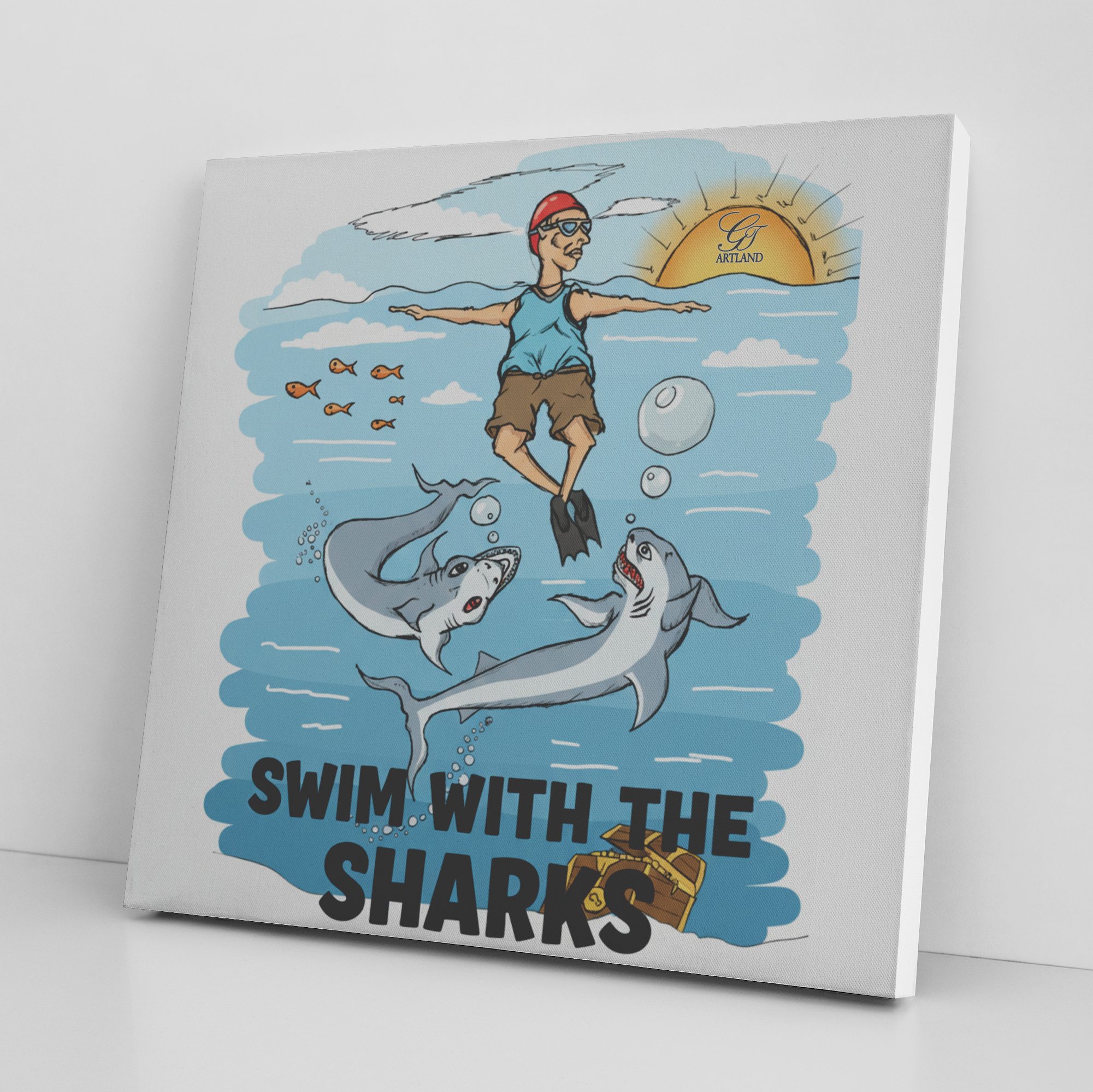 Swim With The Sharks "Humorous" Original Comic Style Square Canvas Wrap by GT Artland
