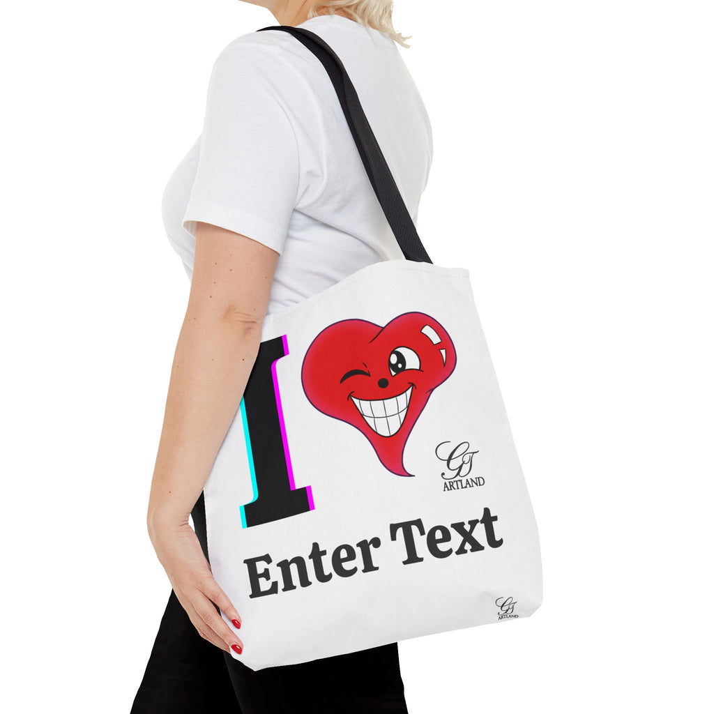 I  Smiley Heart Custom Text Tote Bag — Personalized Valentine Grocery Beach Bag