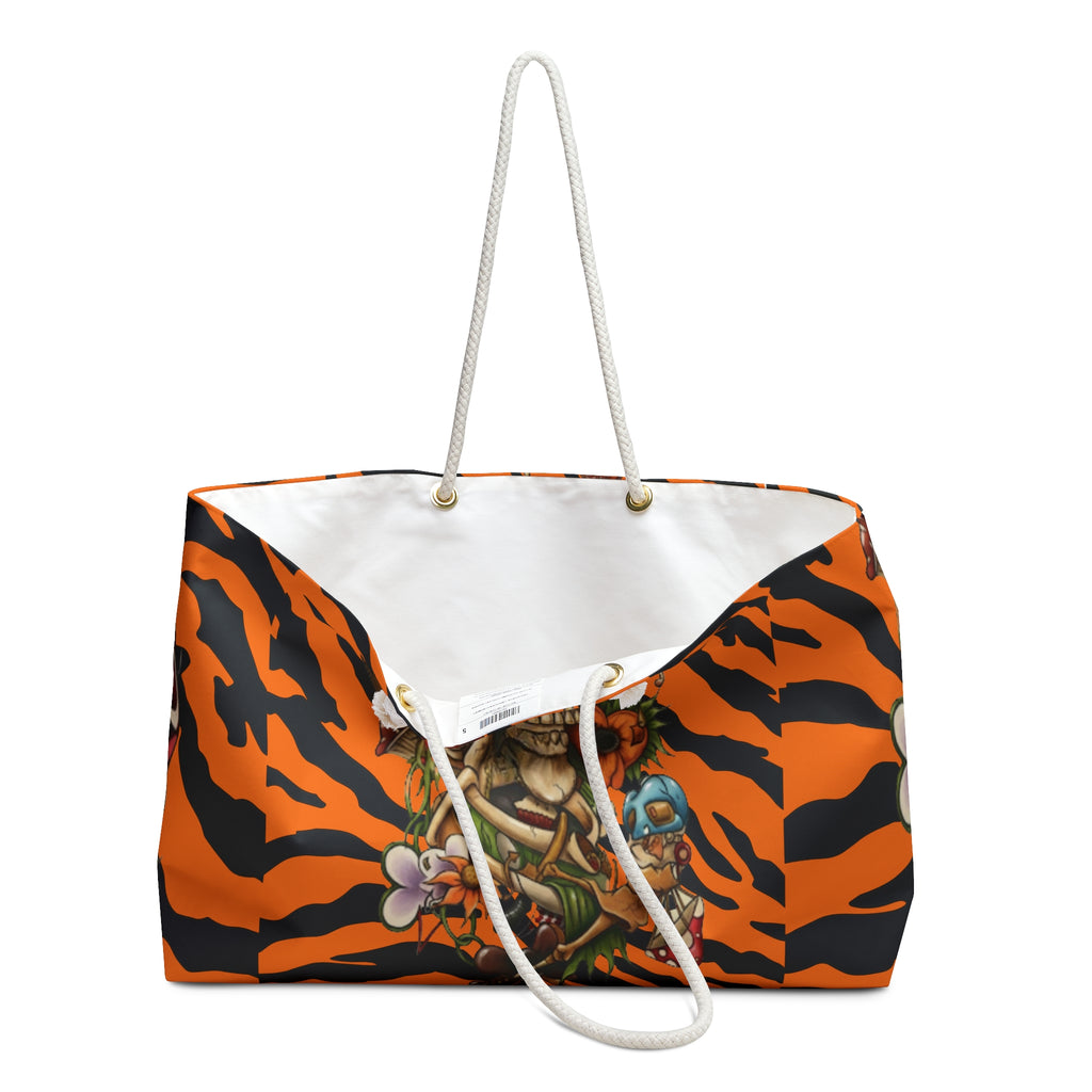 Sugar Skull Skull Bouquet Weekender Bag | Orange Black Tiger Stripes by GT Artland