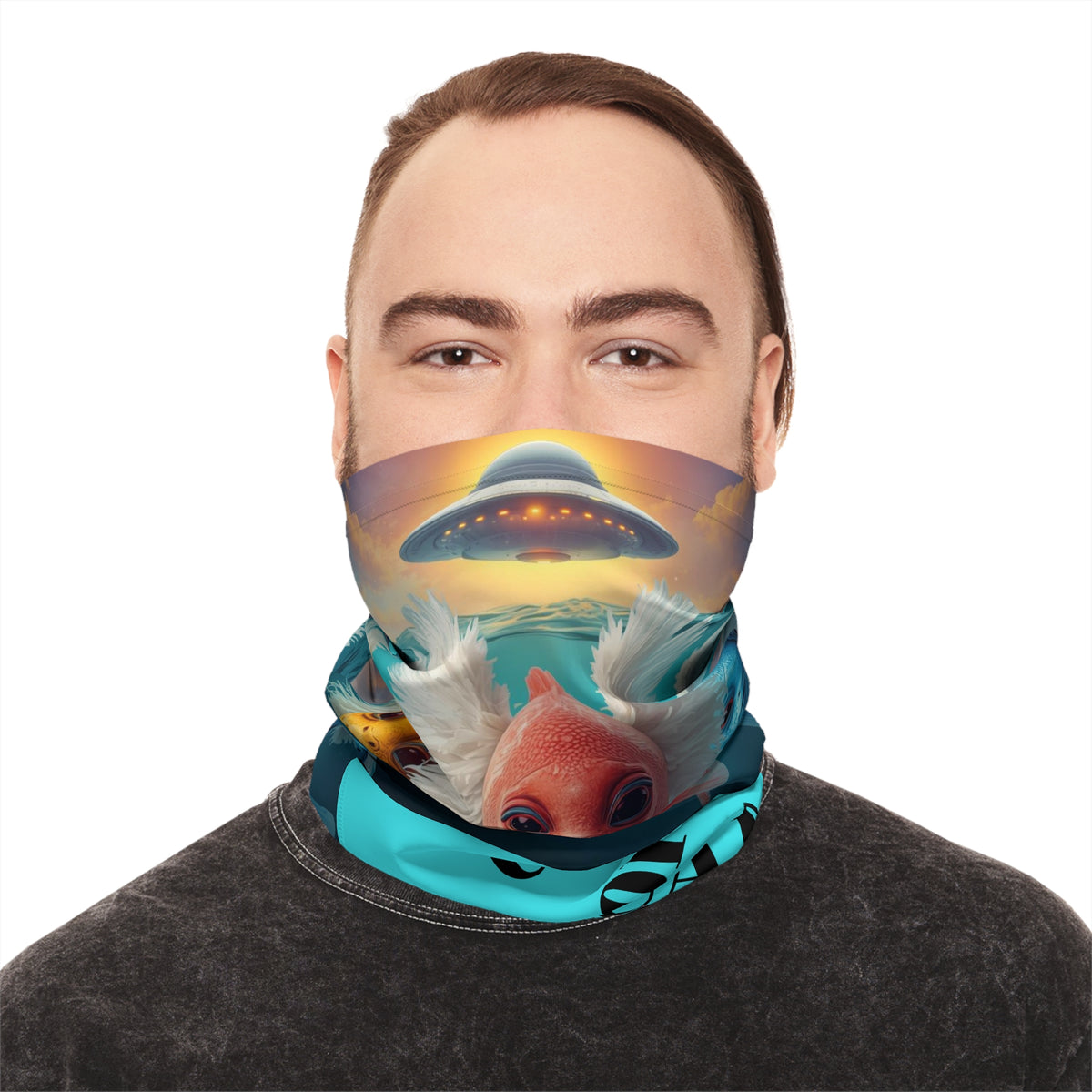 UFO or UAP Fish Aliens Neck Gaiter | Surreal Aquatic Sci-fi Designed Face Mask by GT Artland