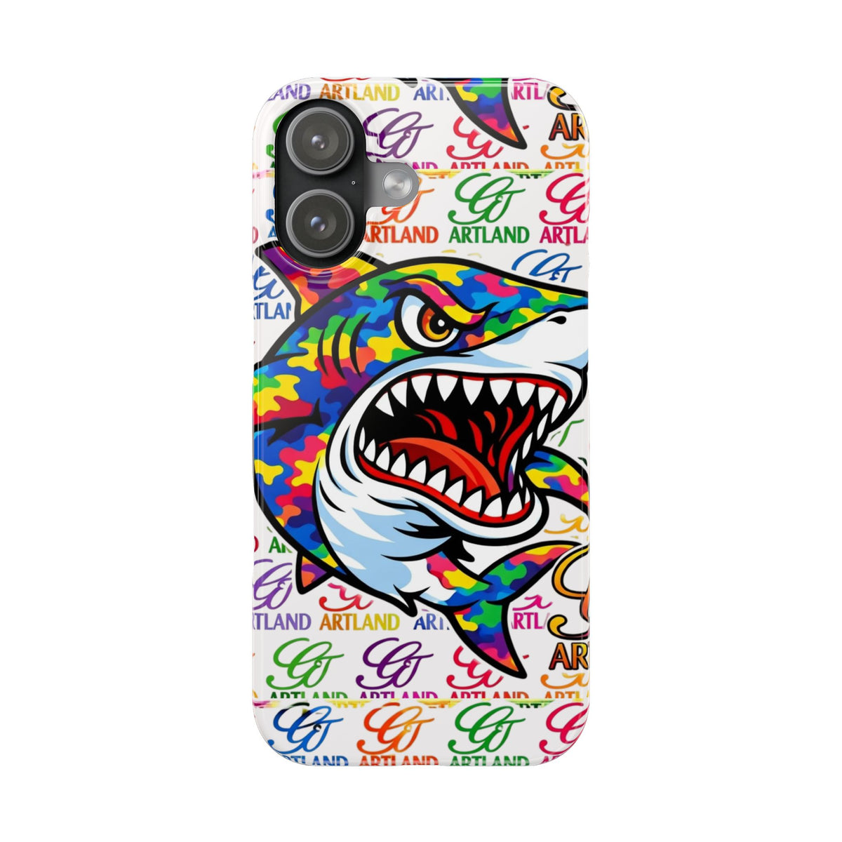 Colorful Camo Designer Shark GT Slim Phone Case | Vibrant Graphic, Artland Logo Background by GT Artland