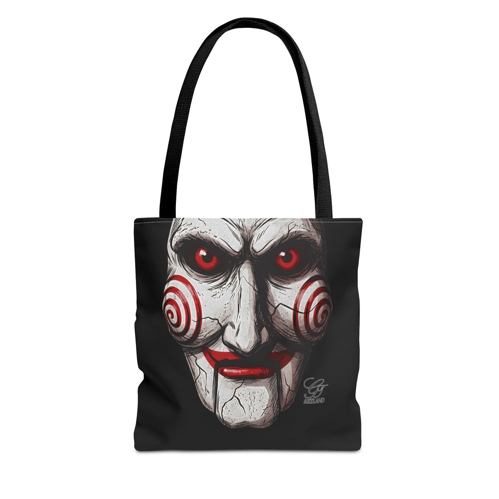 Doll Clown Horror Designer Face Tote Bag | Creepy Red Swirl Puppet Design by GT Artland