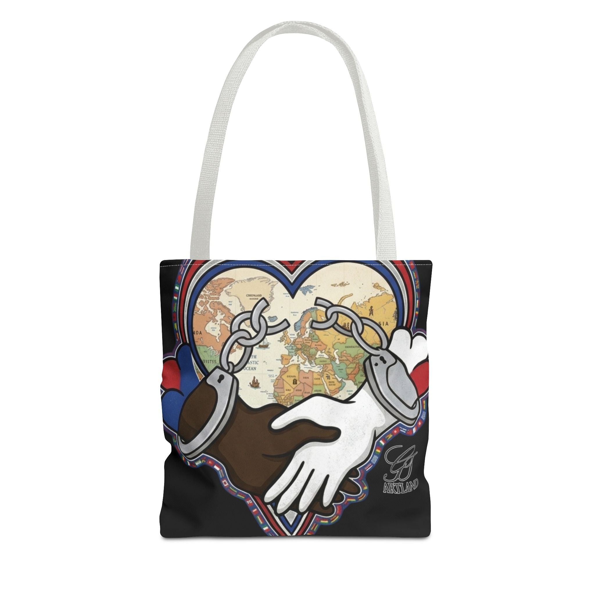 Interracial Unity Heart Handcuffs Tote Bag | All-Over Print by GT Artland