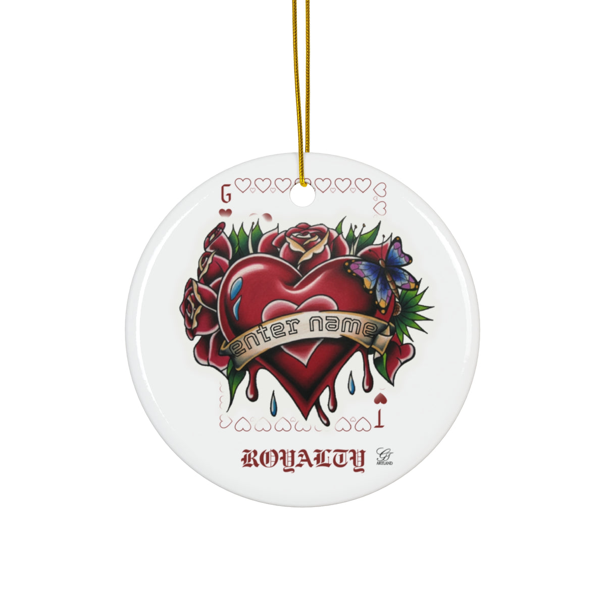 Hearts and Roses Designer Ceramic Ornament — Personalized Ribbon with Custom Name "Royalty" Design by GT Artland