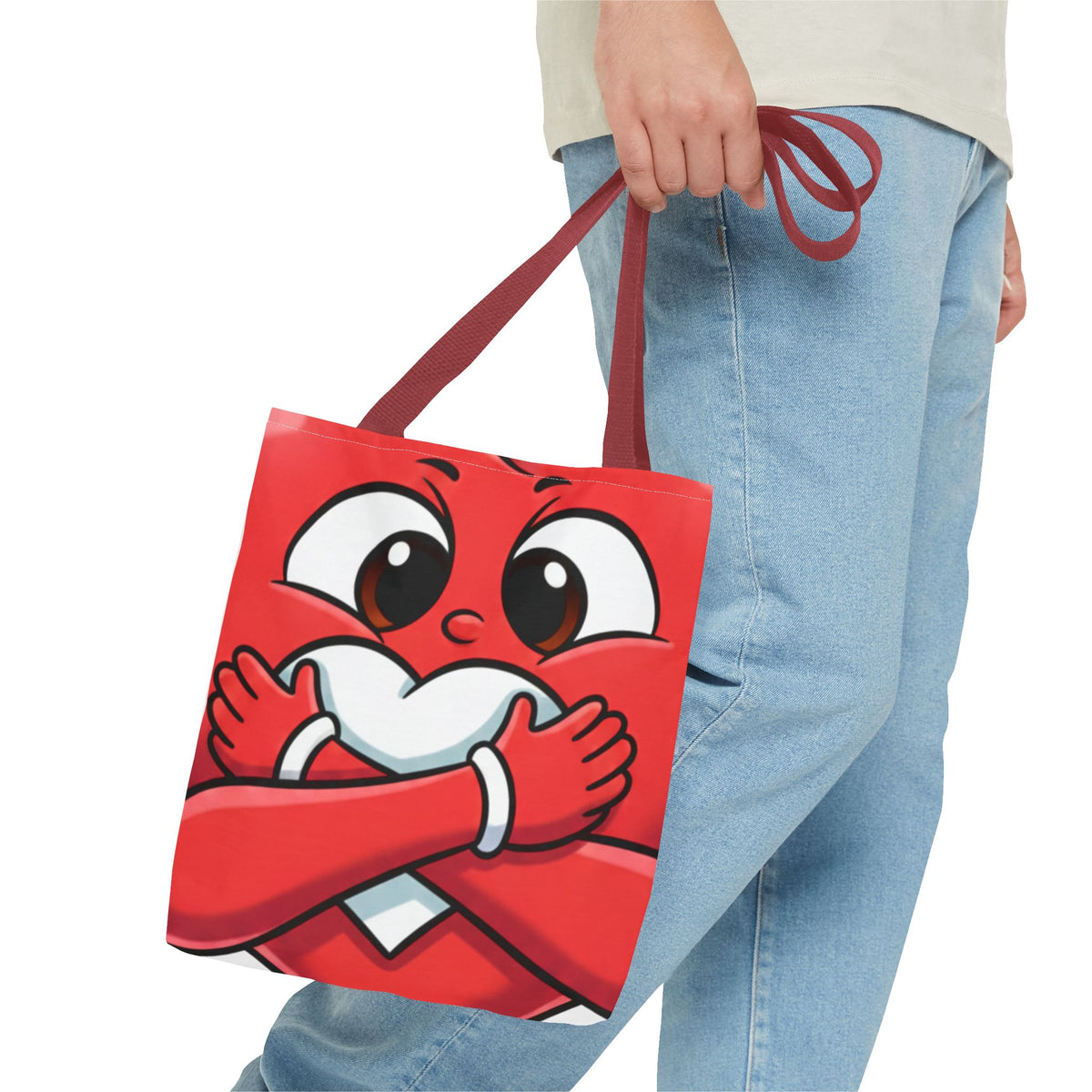 Red Heart Hug Cartoon Tote | Cute Emoticon Love Illustration by GT Artland
