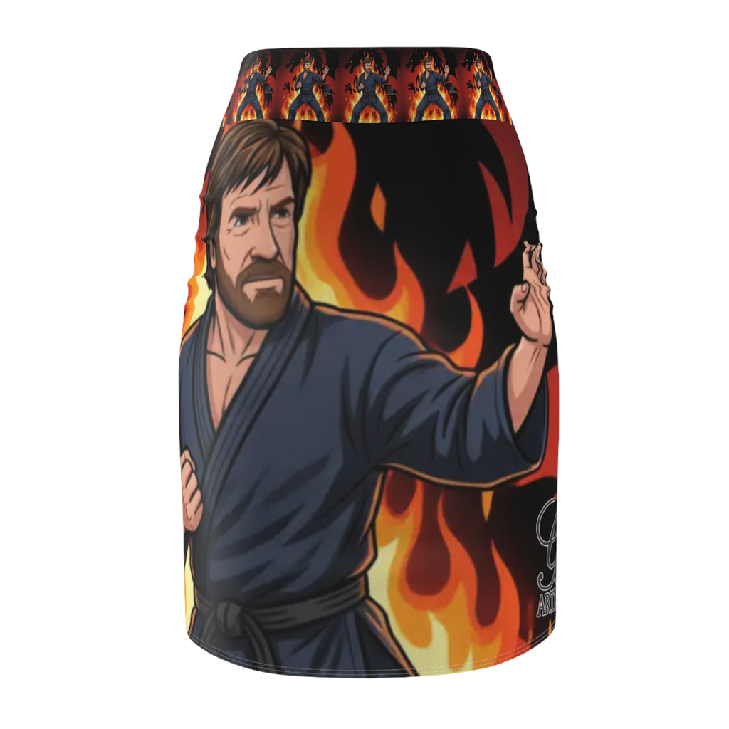 Martial Artist Chuck Norris in Flames Pencil Skirt | Karate Fighter Fire Design by GT Artland