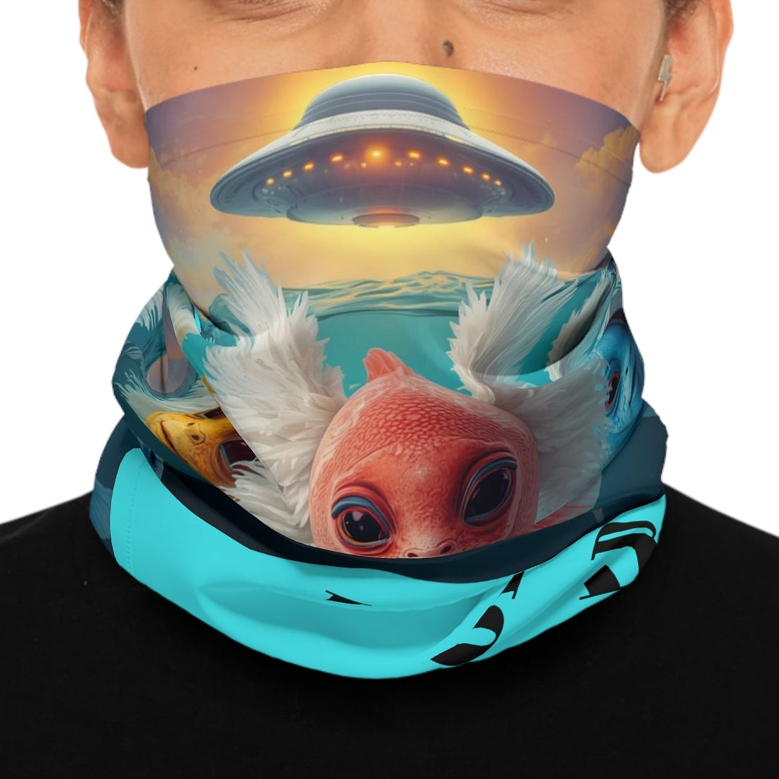 UFO or UAP Fish Aliens Neck Gaiter | Surreal Aquatic Sci-fi Designed Face Mask by GT Artland