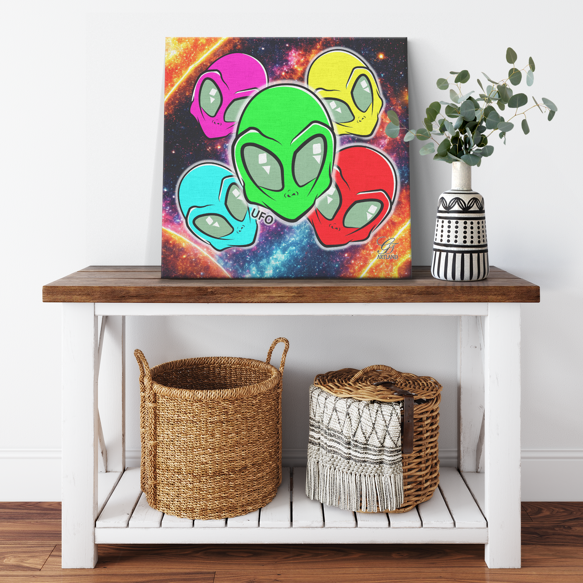 Rainbow Colorful UFO Alien Martian Head Collage Square Canvas Wrap by GT Artland
