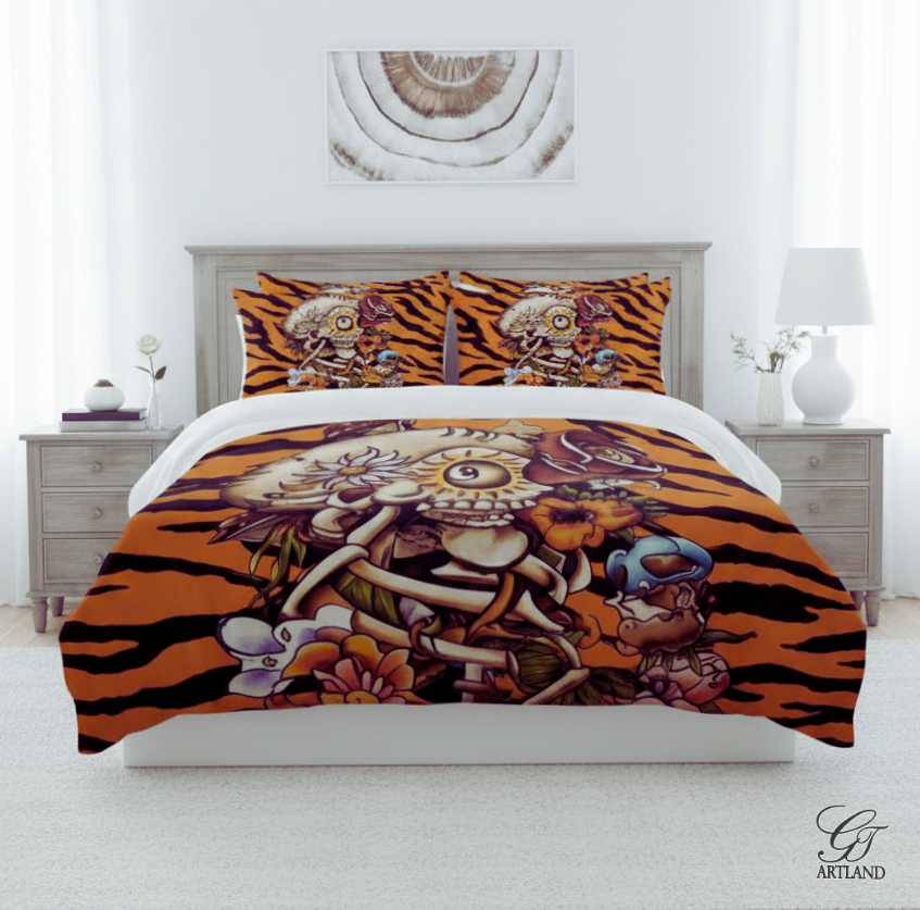 Sugar Skull Tiger Spirit Duvet Cover (3 Piece) Set in Cotton Blend - Twin by GT Artland