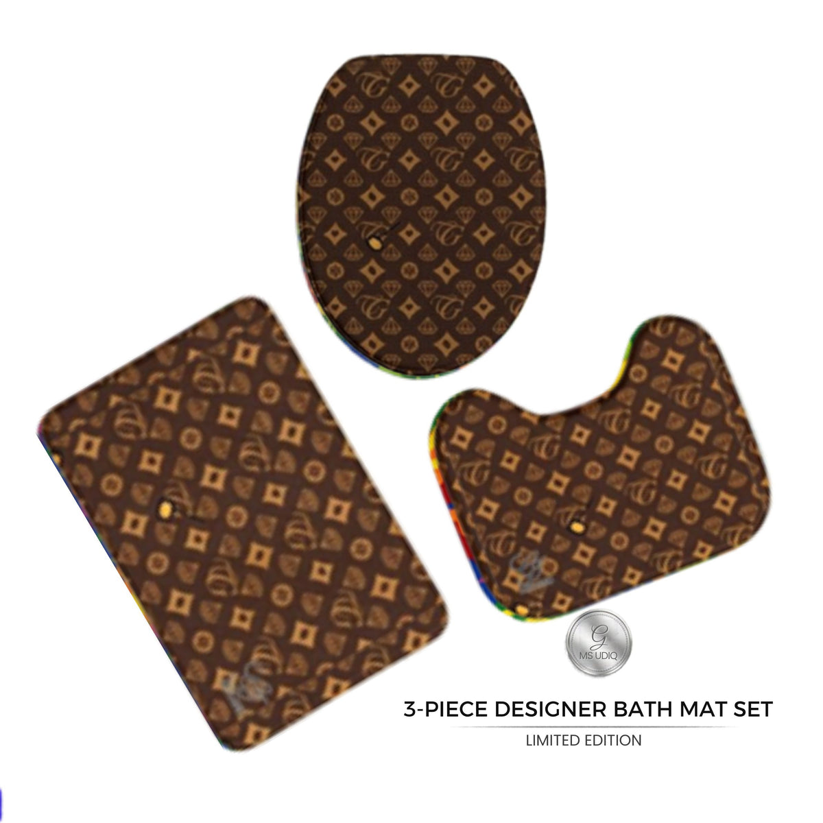 Retro Brown Monogram High Fashion Designer Geometric 3-Piece Bath Mat Set by GT Artland