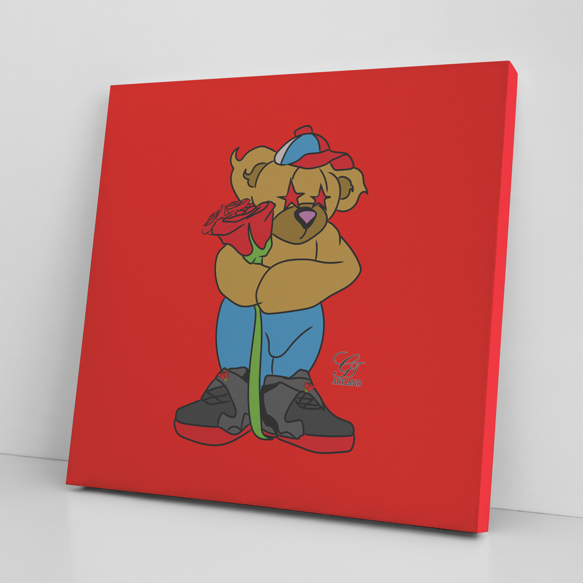 Love Designer Bear holding Red Rose Canvas Wrap by GT Artland