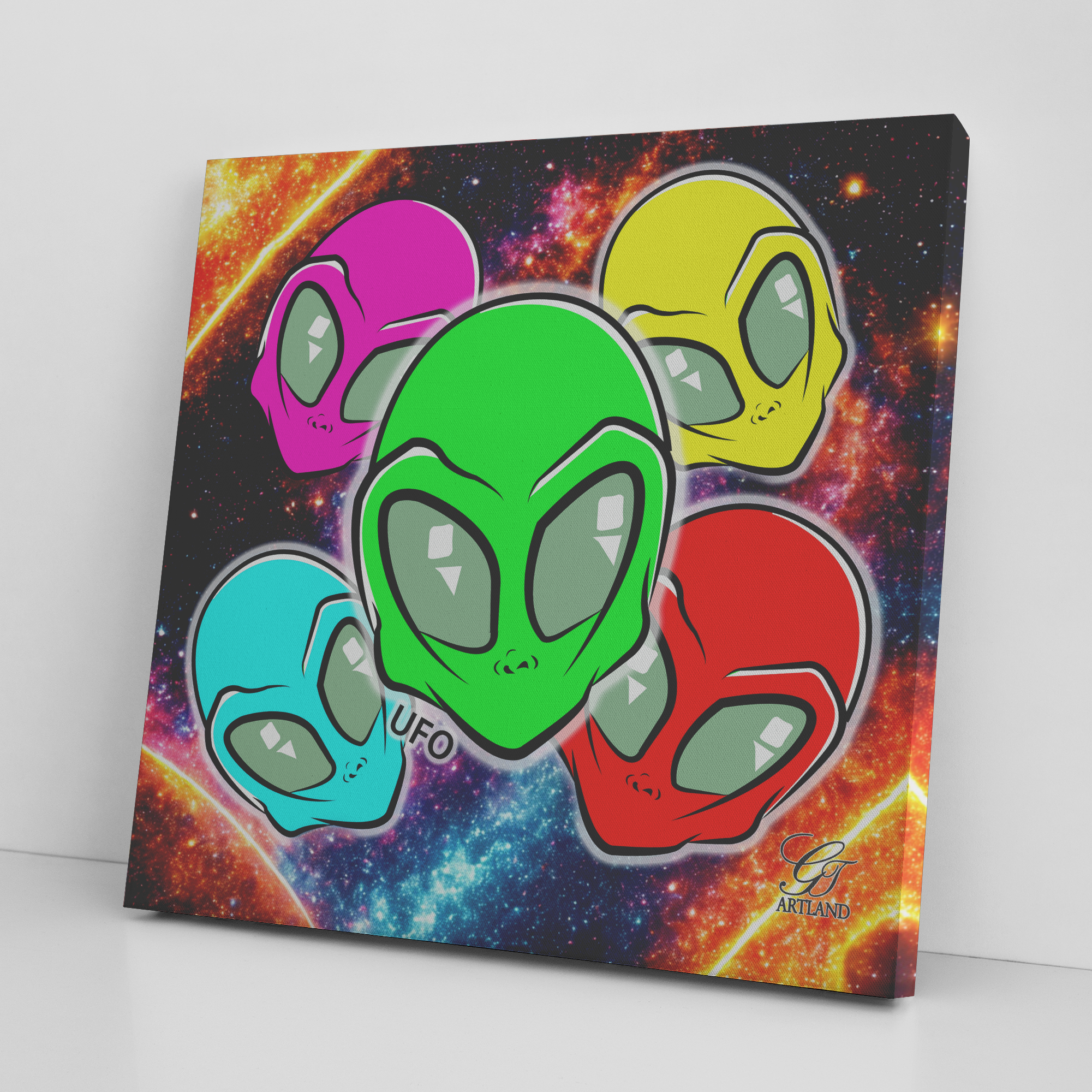 Rainbow Colorful UFO Alien Martian Head Collage Square Canvas Wrap by GT Artland