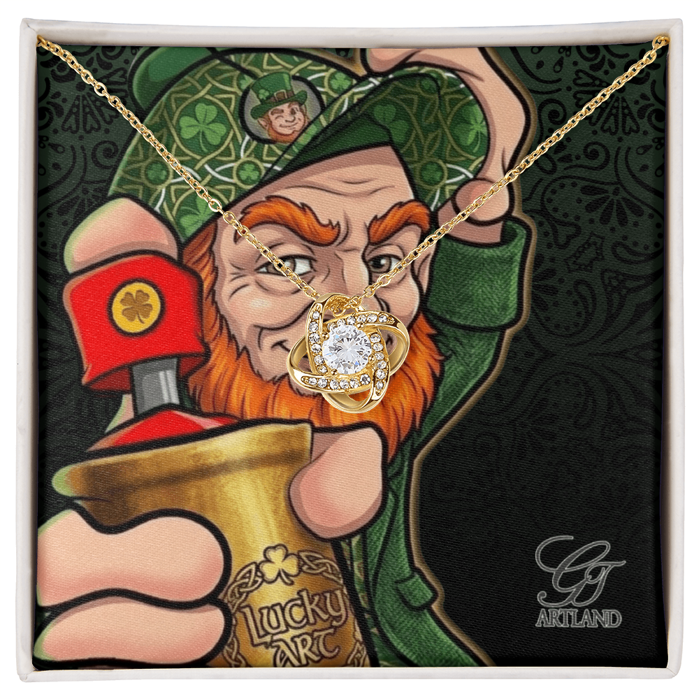 Lucky Art Graffiti Lovers Spray Can Leprechaun  Urban Collectible Love Knot Necklace (Yellow & White Gold Variants) by GT Artland