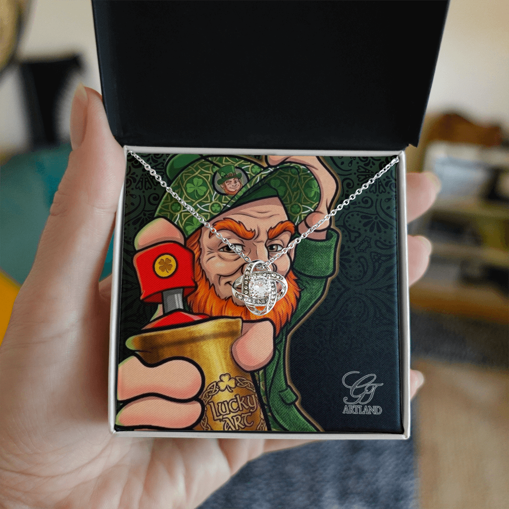 Lucky Art Graffiti Lovers Spray Can Leprechaun  Urban Collectible Love Knot Necklace (Yellow & White Gold Variants) by GT Artland