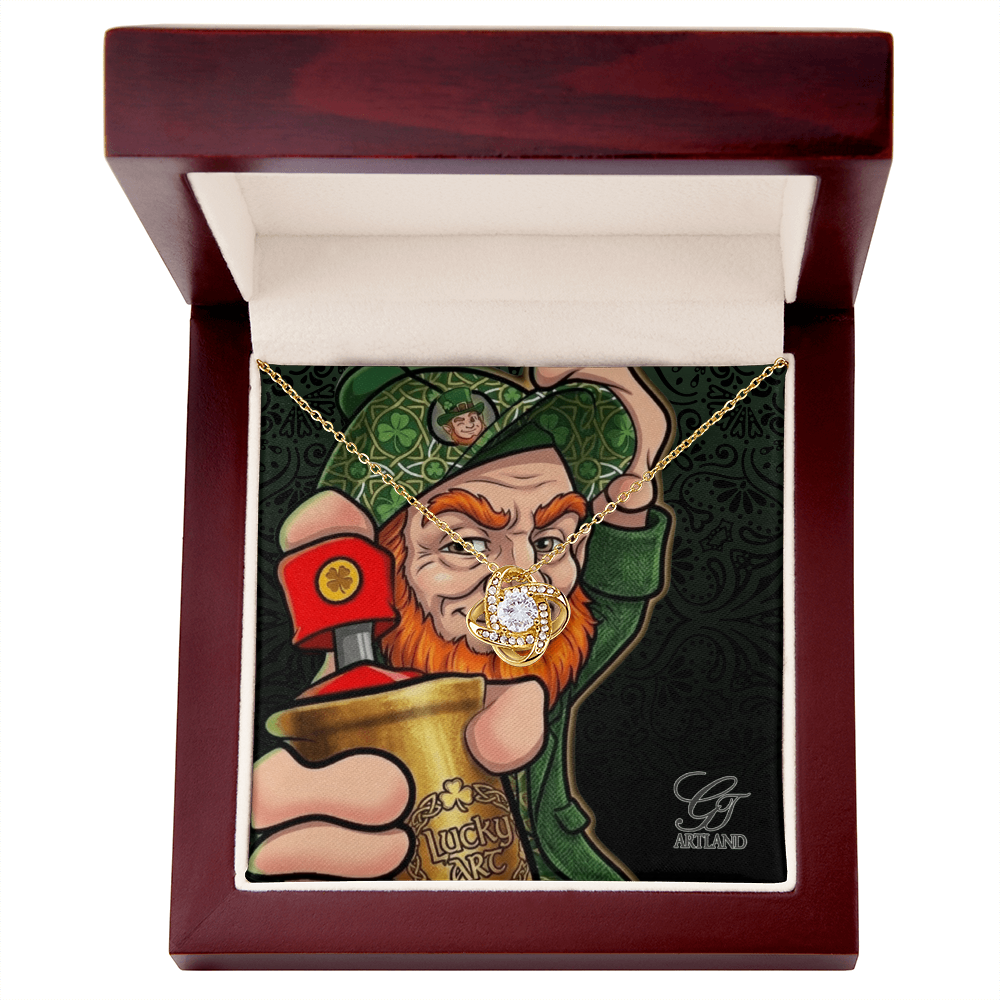 Lucky Art Graffiti Lovers Spray Can Leprechaun  Urban Collectible Love Knot Necklace (Yellow & White Gold Variants) by GT Artland
