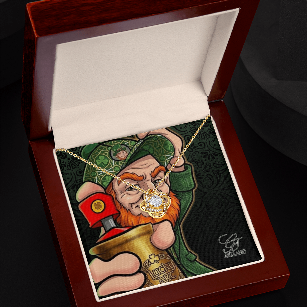 Lucky Art Graffiti Lovers Spray Can Leprechaun  Urban Collectible Love Knot Necklace (Yellow & White Gold Variants) by GT Artland