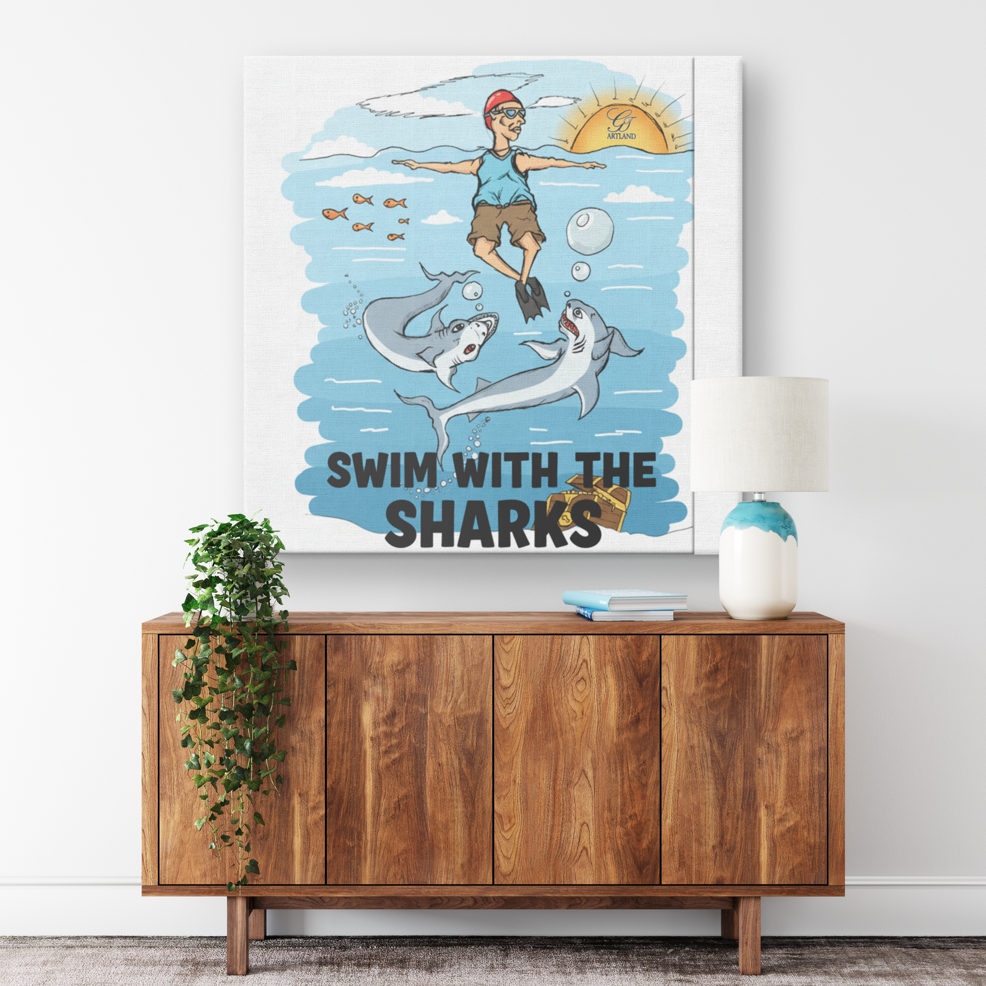 Swim With The Sharks "Humorous" Original Comic Style Square Canvas Wrap by GT Artland