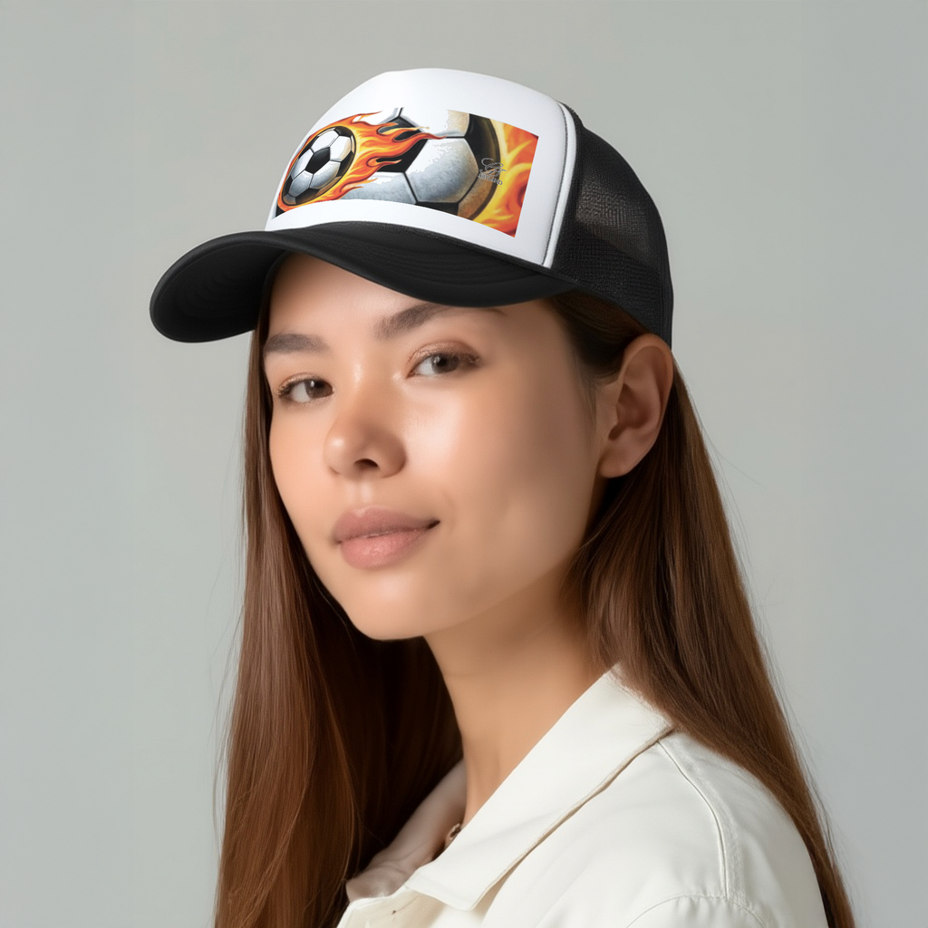 Flaming Airbrush Soccer Ball Designer Urban Trucker Hat - Black/White by GT Artland